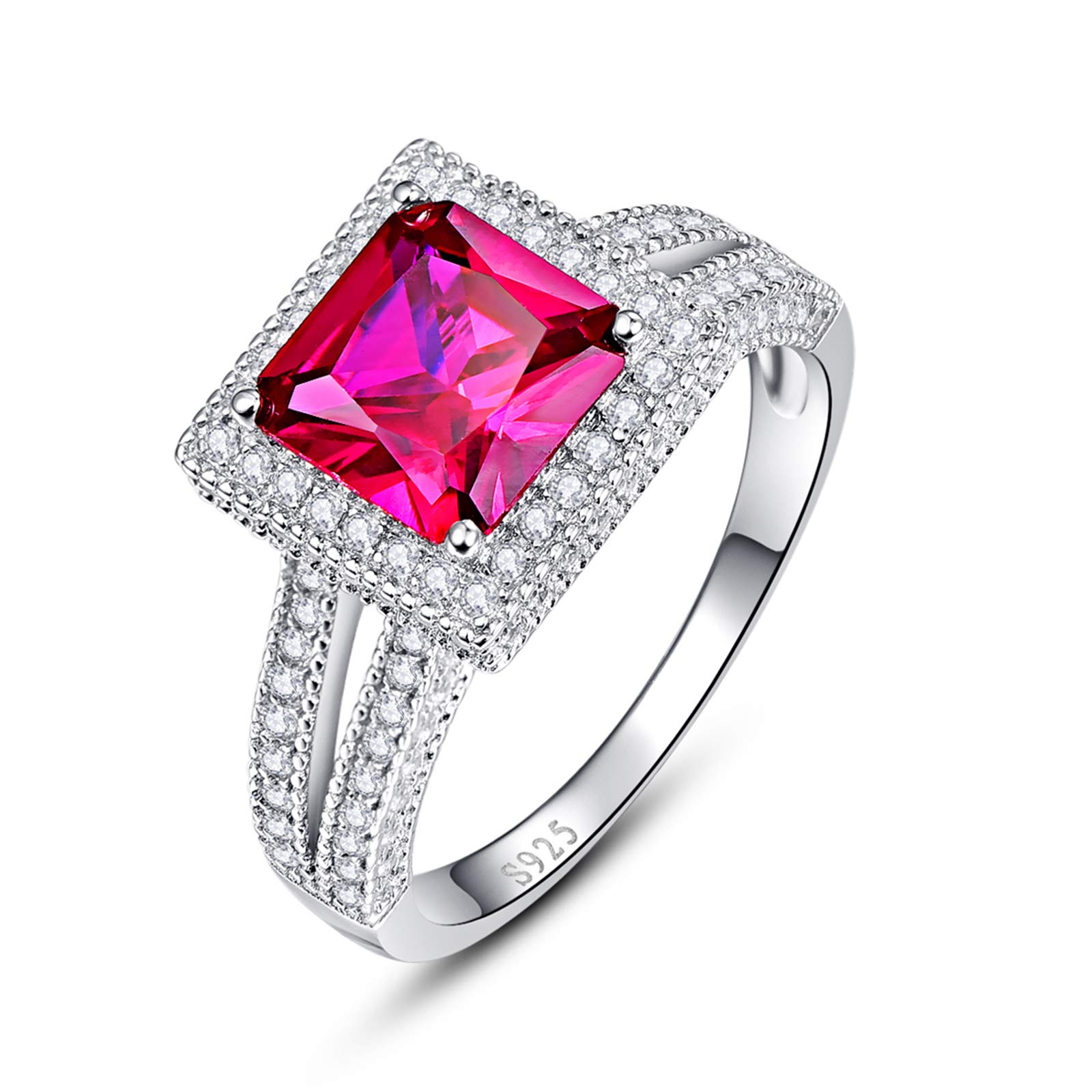 Delicate 925 Sterling Silver Simulated Ruby Spinel CZ Halo Princess Cut Wedding Ring for Women