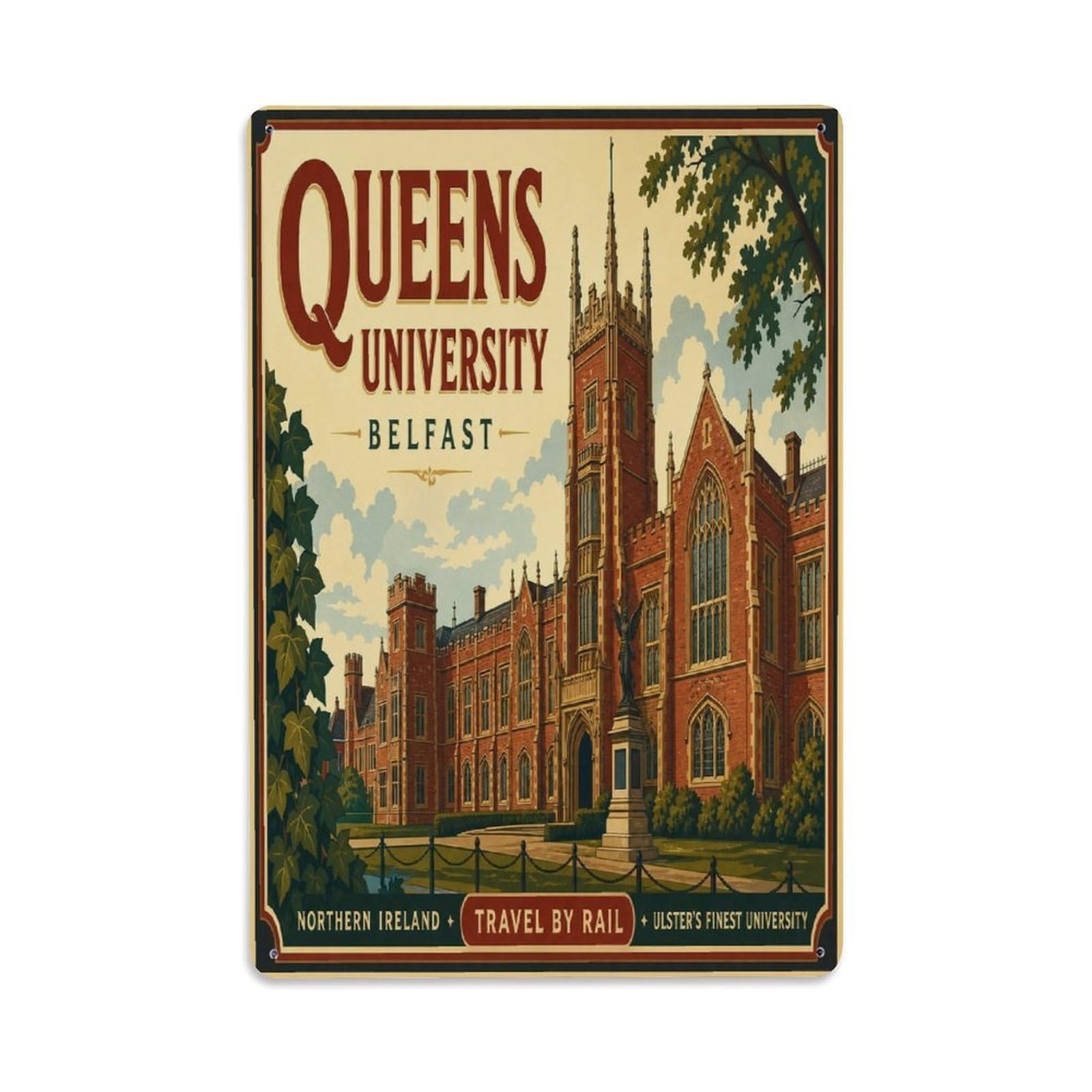 Belfast Northern Ireland Gothic Red Brick College Metal Tin Sign Plaque Wall Decor for Cafe, Man Cave, Club Bar, Office, Home Garden Round Metal Poster 8x12Inch
