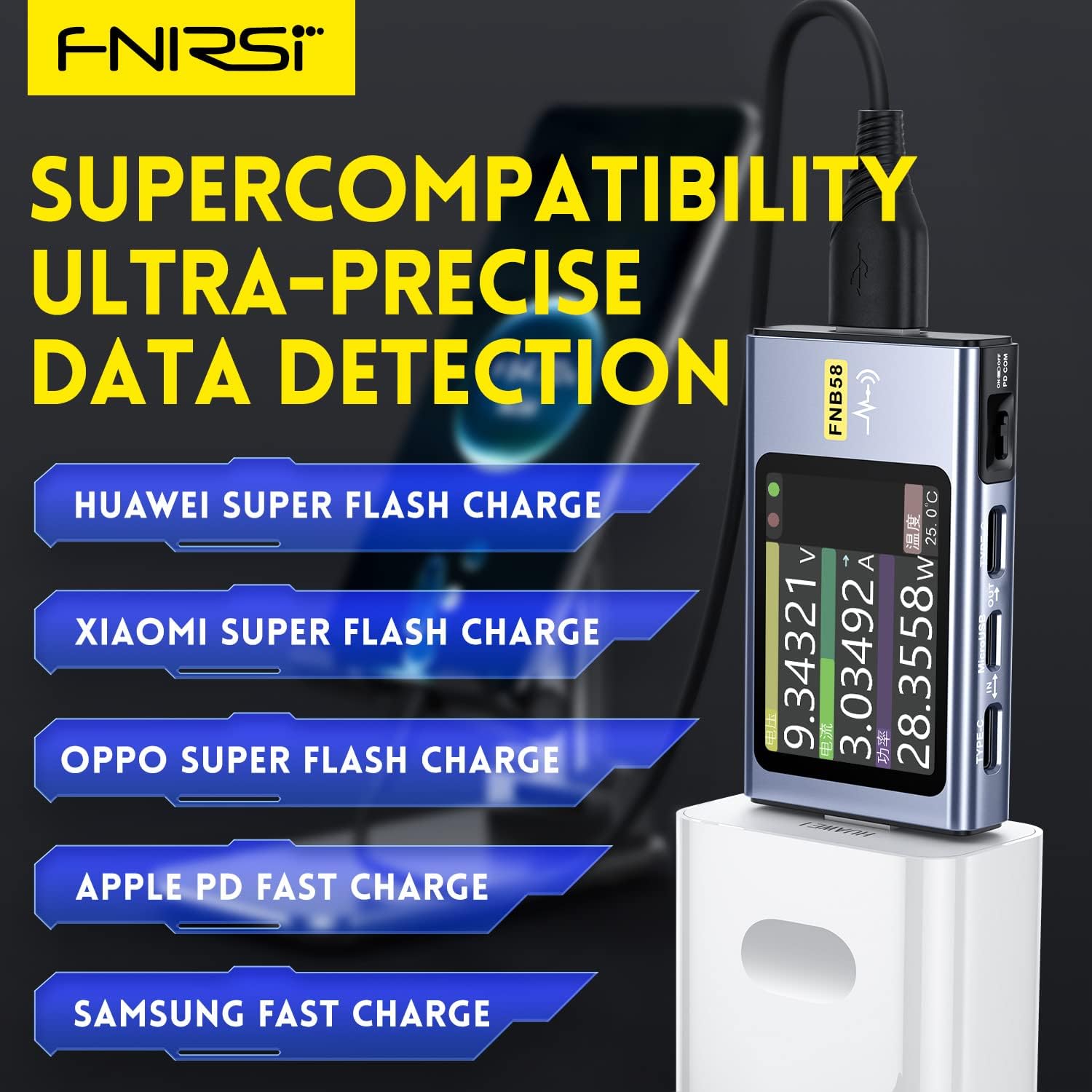 Tester USB FNB58 Multifunzionale Voltmetro Amperometro Digitale Amperometro USB Tester con Bluetooth Trigger e Rilevamento Rapido Della Carica 0-7A 4-28V