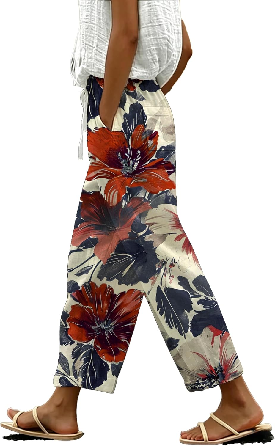 2026 Womens Summer Wide Leg Pants Retro Plant Floral Print High Waist Casual Pants with Pocket