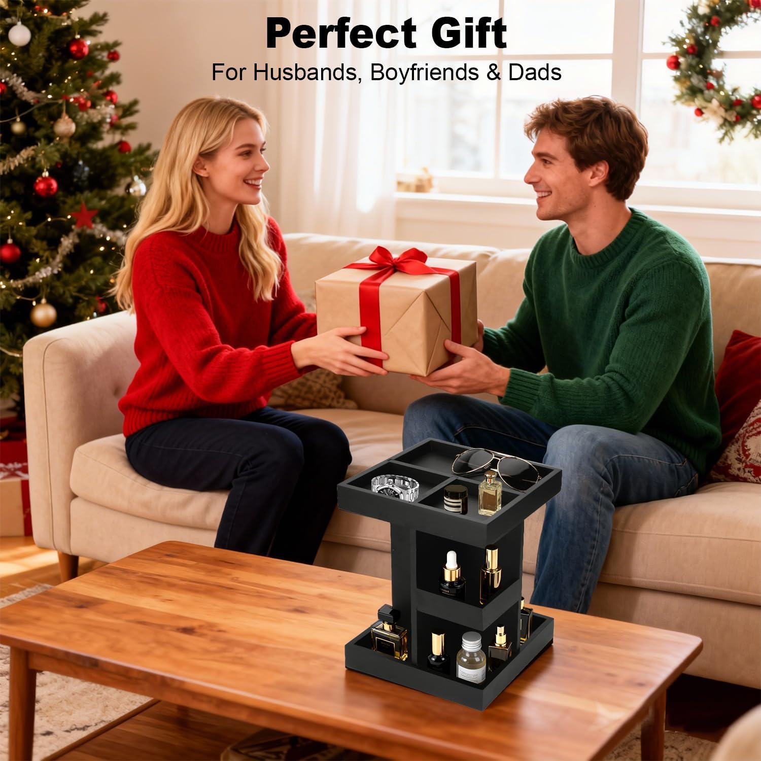 Gallkeat Cologne Organizer for Men, 3-Tier Wood Perfume Stand, Black