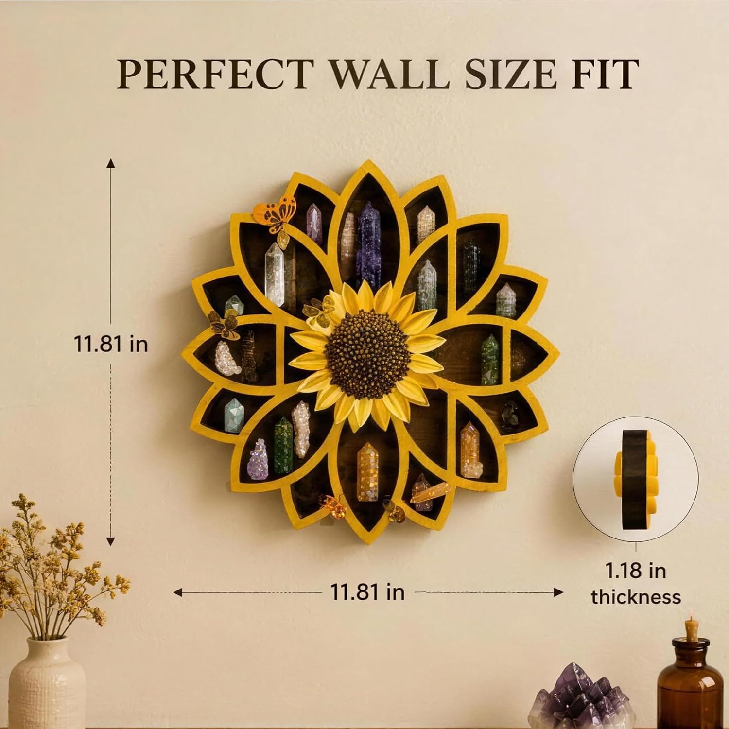 Sunflower Wooden Trinket Shelf Crystal Display Shelf Boho Shelves For Crystal Stone Jewelry Mini Plant Bedroom Wall Decor Gift