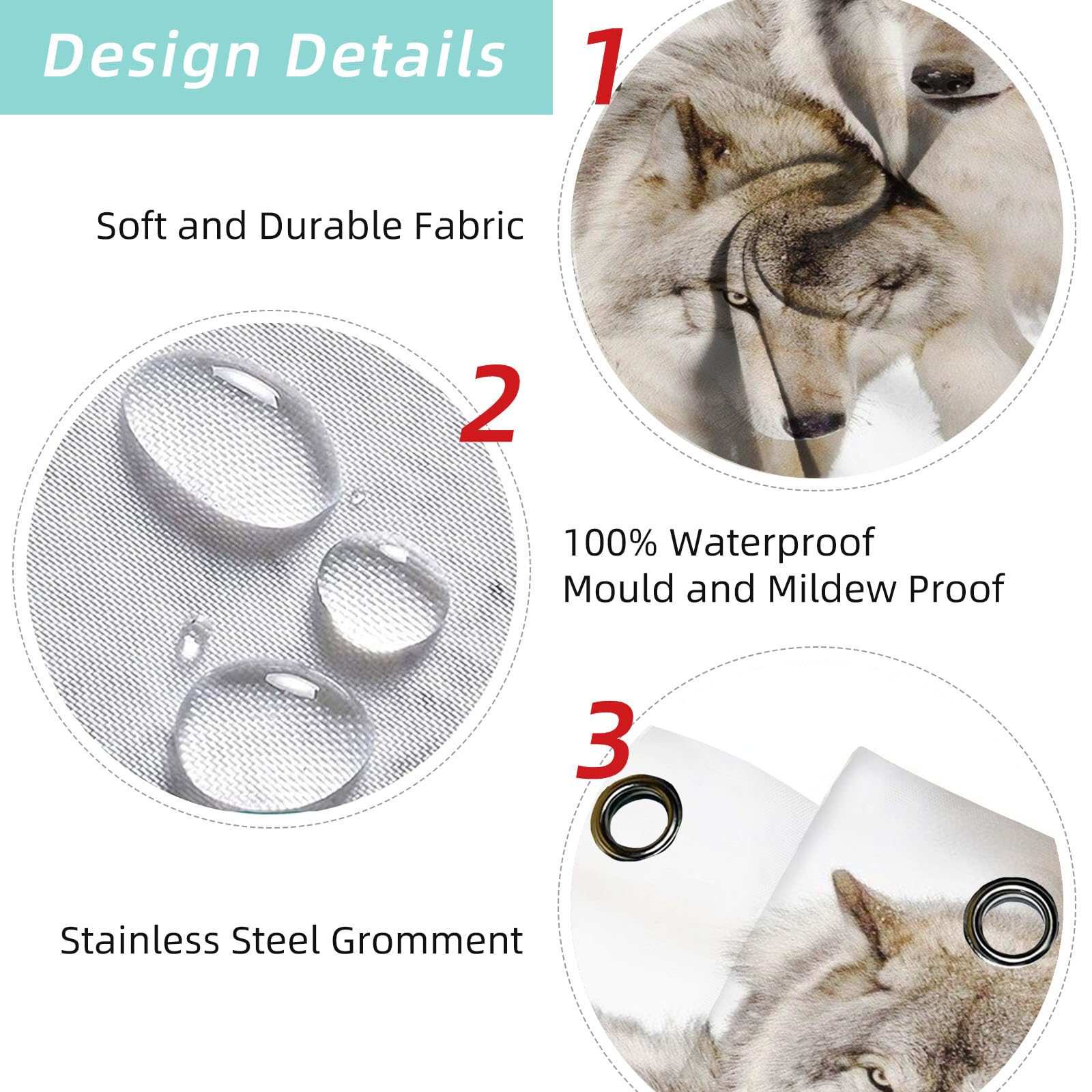 Rideau de douche - Motif loup forêt animal lune nuit - 180 x 180 cm - Ensemble de rideau de douche - Motif loup - Lune de forêt et loups - Textile - 7, 180 x 180 cm