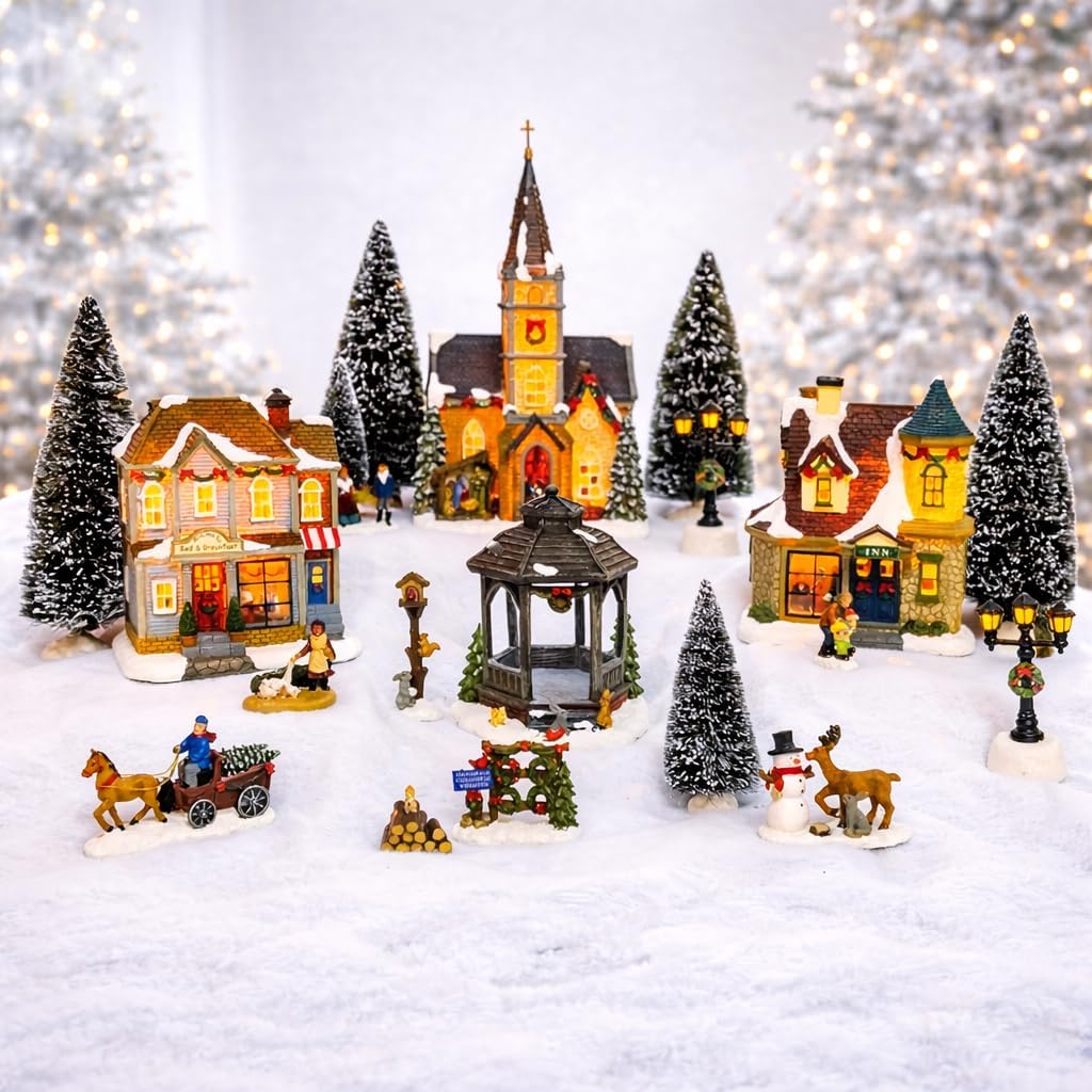 MOMENTS IN TIME 20-Piece Lighted Christmas Village Set with LED Lights Battery Operated Miniature Holiday Town Display Hand-Painted Christmas Houses, Figurines & Trees Gift-Ready Packaging