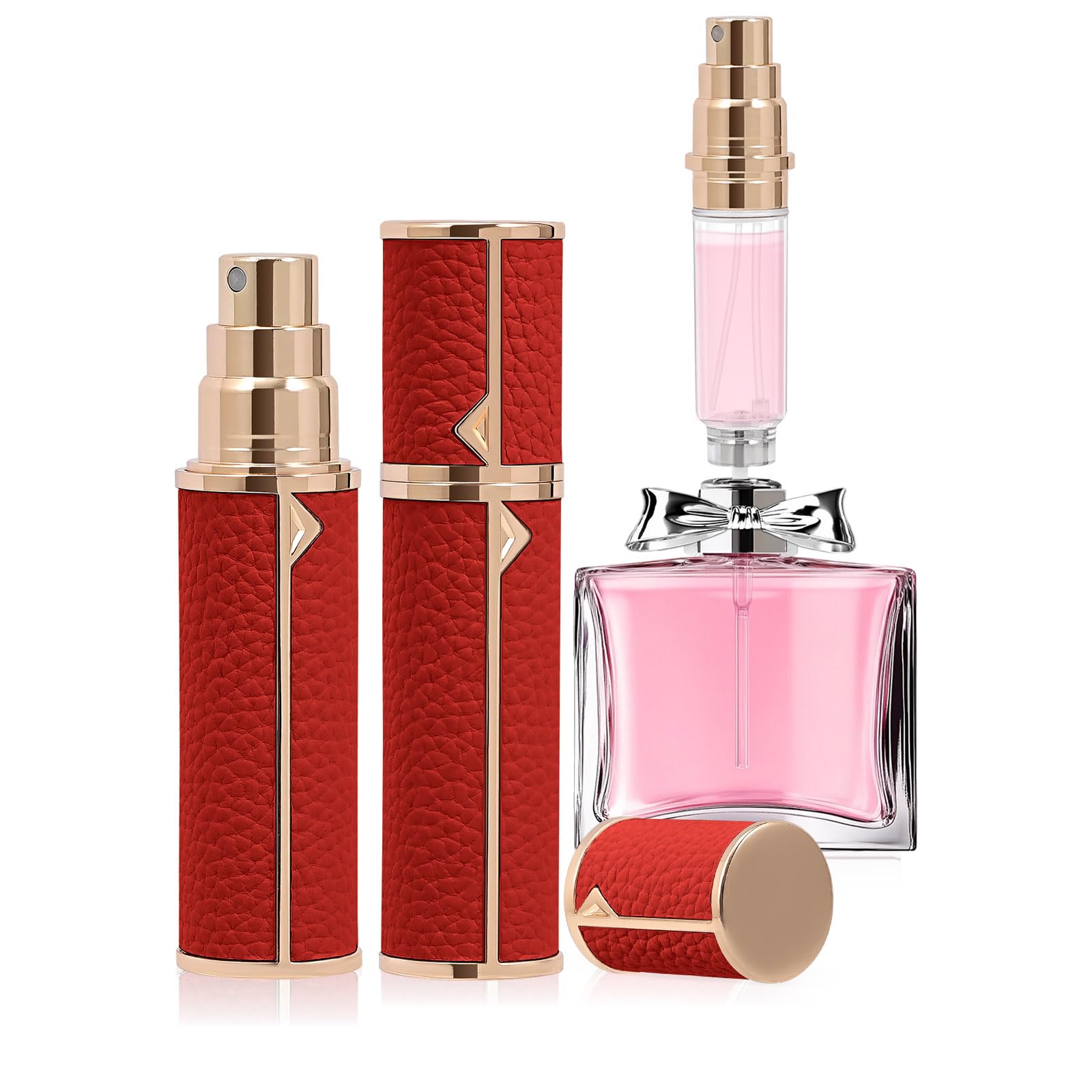 Bottiglia di profumo da viaggio ricaricabile, nebulizzatore fine, riempimento inferiore, guscio in vera pelle, approvato TSA, per rinfrescarsi e viaggi quotidiani (rosso, 10 ml)