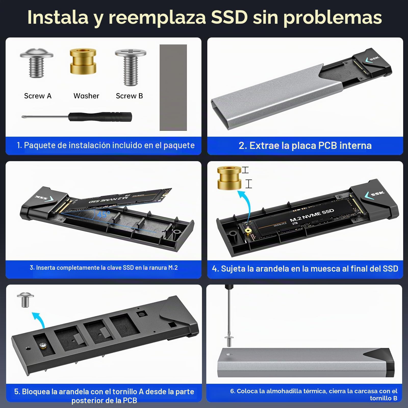 SSK Adaptador de Caja SSD SATA M.2 NVME de Aluminio, USB 3.2 Gen 2 (10 Gbps) a PCI-E NGFF M-Key/(B+M) Key Soporte de Carcasa SSD Externa UASP para SSD 2242/2260/2280