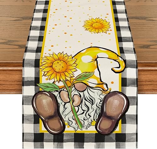 Artoid Mode Camino de mesa de verano con gnomo de girasol a cuadros de búfalo de acuarela, decoración de mesa de comedor de primavera para
