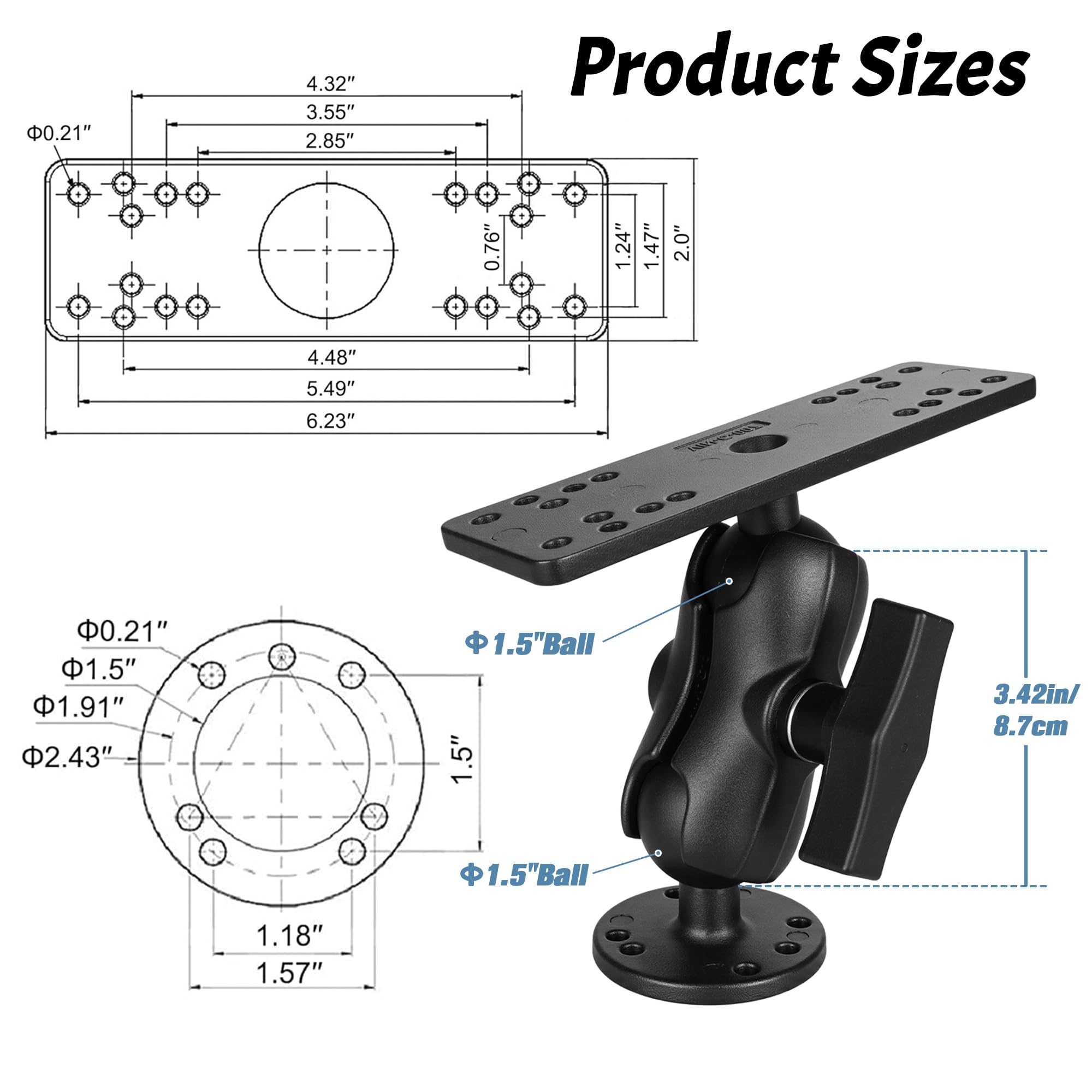 Support de détecteur de poissons avec boule de 38 mm de taille C, bras en aluminium de 8,7 cm, support de détecteur de profondeur, haute résistance à l'eau salée, compatible avec Garmin