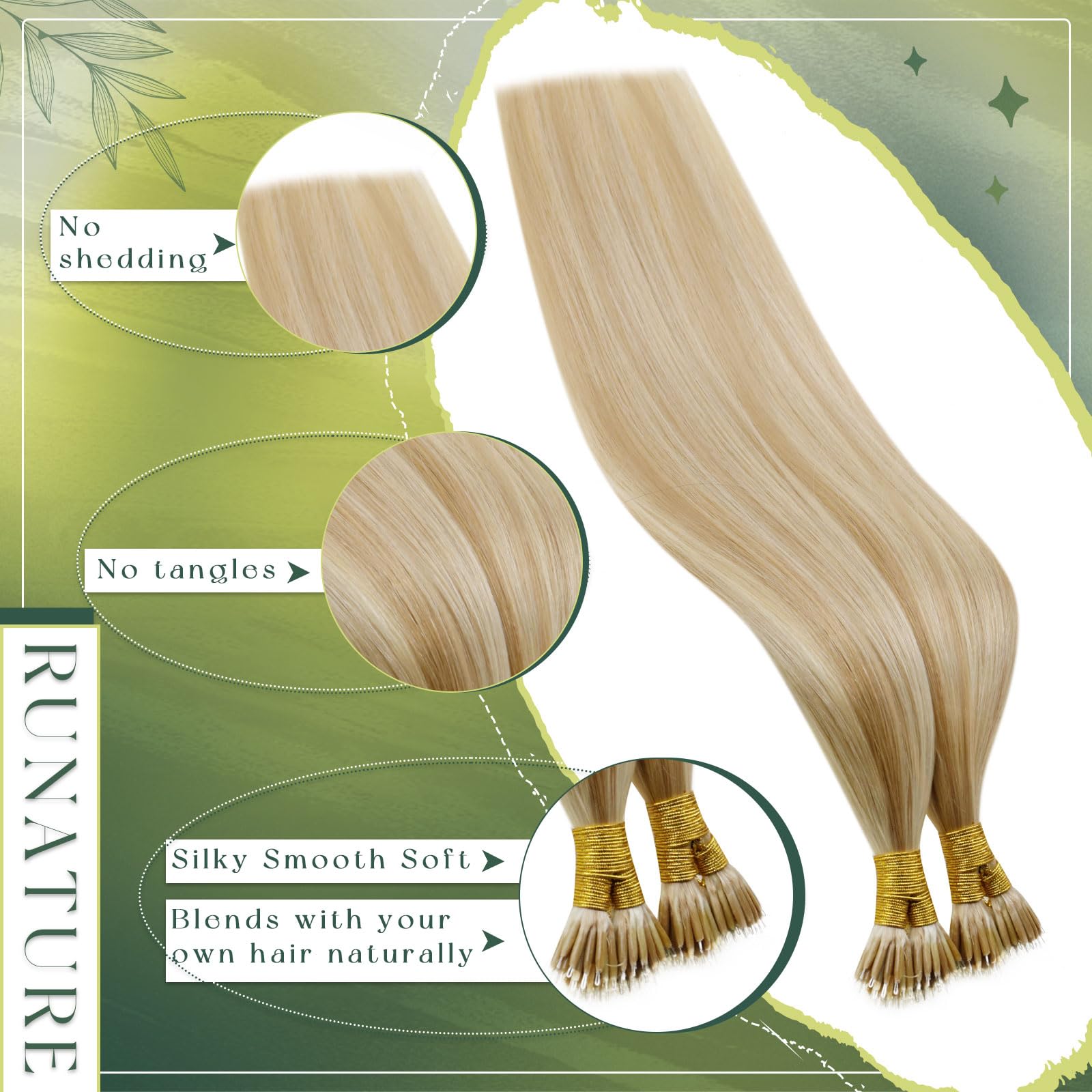 RUNATURE Nano Beads Hair Extensions Real Human Hair 16 Inch Nano Hair Extensions Highlight Honey Blonde Invisible Nano Ring Cold Fusion Hair 50s 50g #18/613 - Image 4