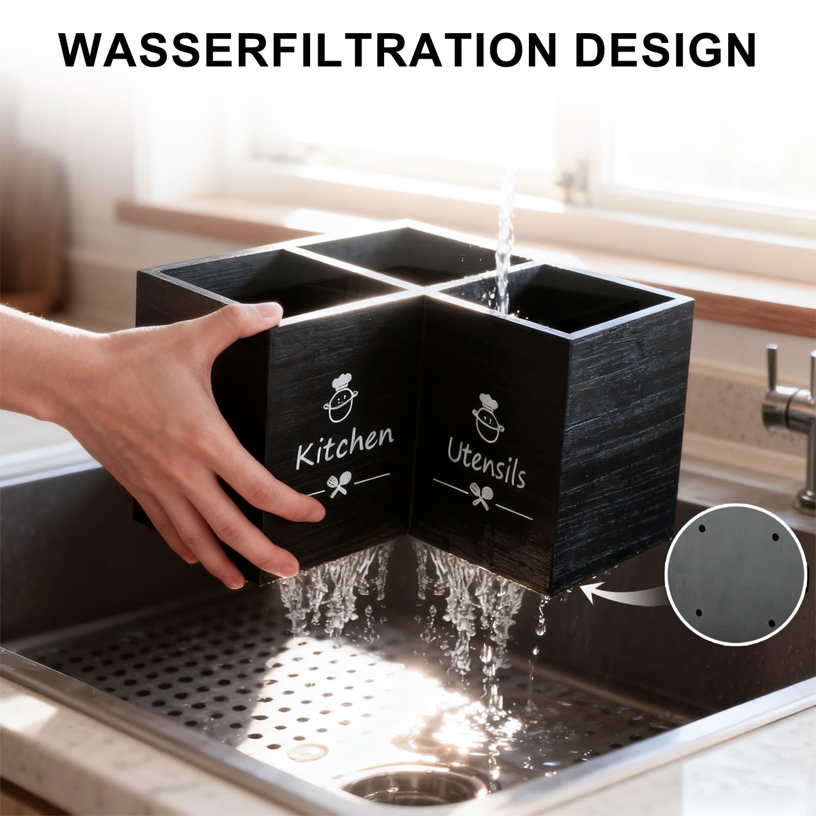 Kitchen Utensilhalter mit Entwässerungboden, Holz Utensil Organizer, große 3 Fächer Küchenutensilien Organizer Stabiler Besteckhalter für Küchenarbeitsplatte