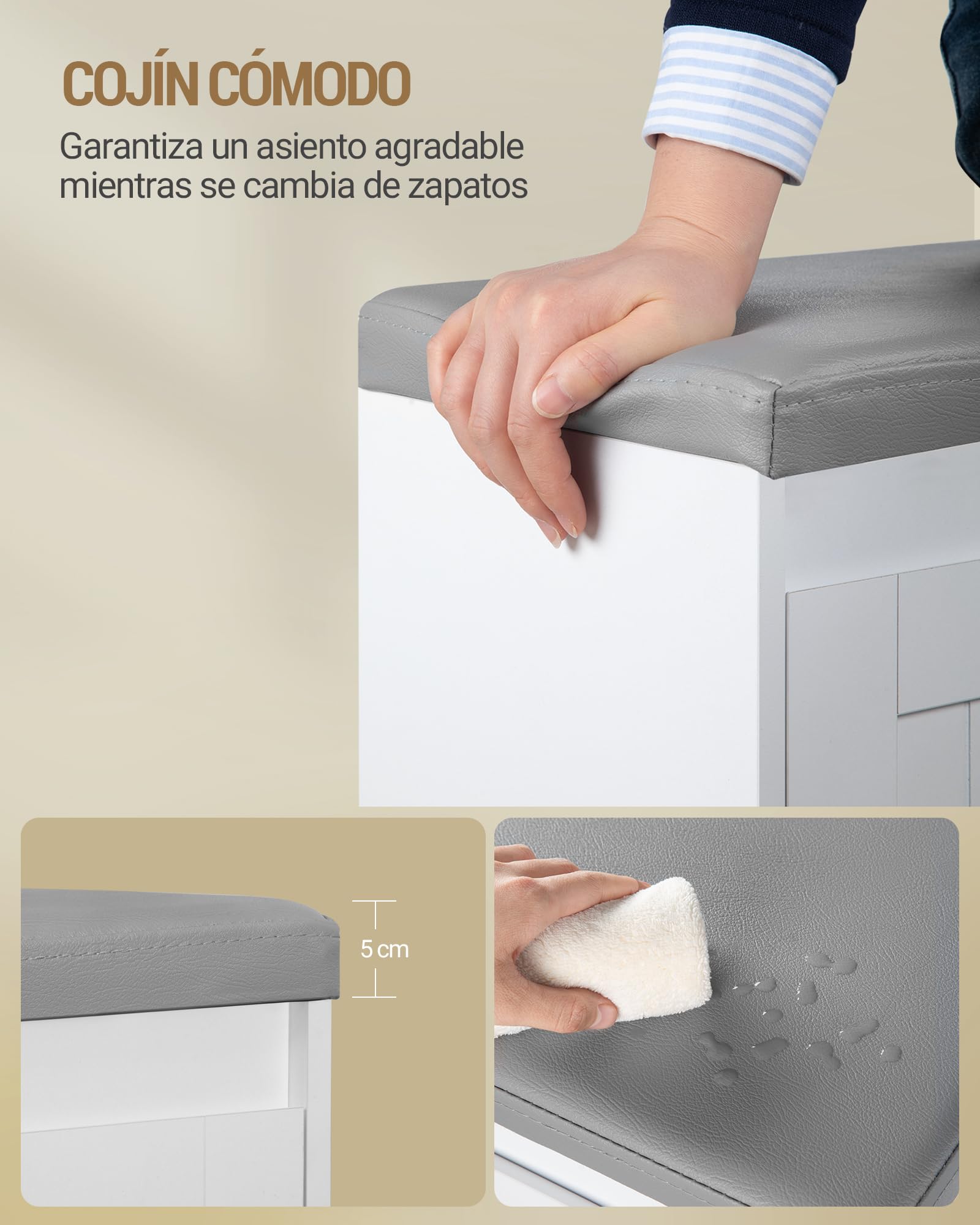 Hzuaneri Banco Zapatero, Mueble Zapatero con Asiento Tapizado, Almacenamiento Oculto, para 8 Pares de Zapatos, 25 x 103 x 50 cm, para Entrada Dormitorio Sala de Estar, Blanco SB26303GY
