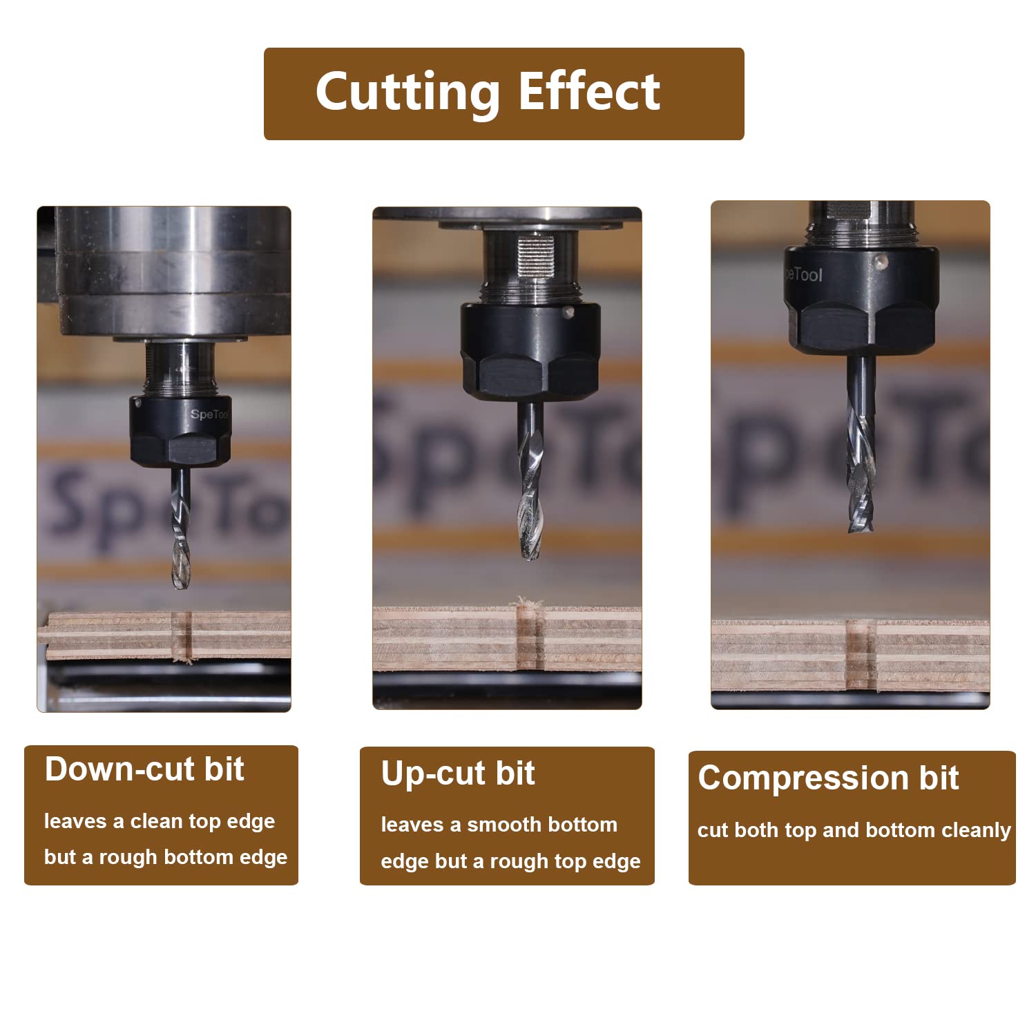 SpeTool 5 brocas CNC de 1/4 pulgadas con longitud de corte de 1 pulgada OVL, broca de compresión de corte descendente en espiral para carpintería