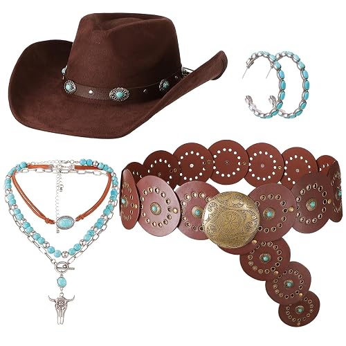 Chicingyou 4 Pcs Western Cowgirl Outfit Accessories Cowgirl Costume with Turquoise Jewelry Sets for Cowboy Party Decoration - 41 Inches - Brown