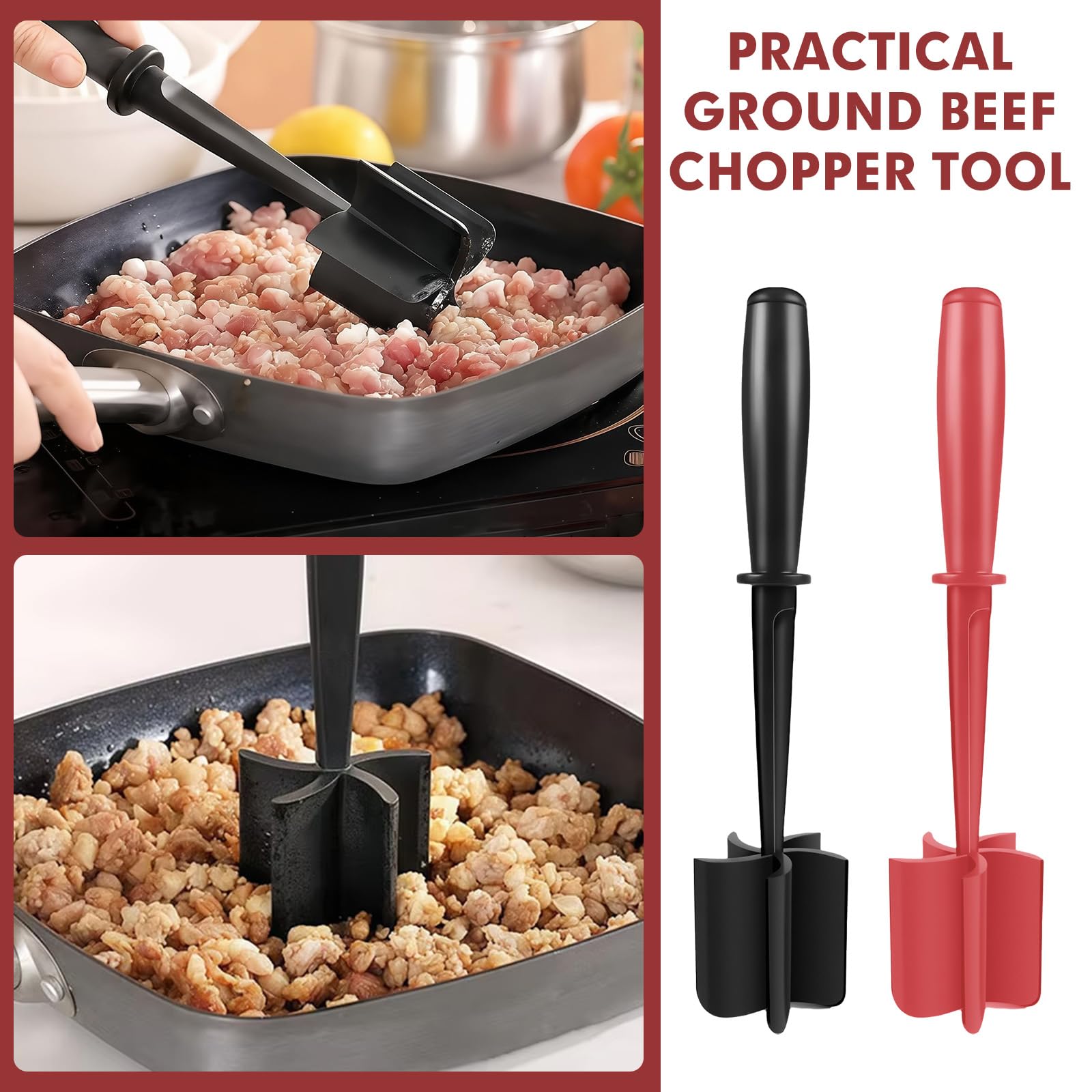 2Pcs Ground Beef Chopper Tool, Meat Masher Ground Beef Heat Resistant Meat Spatula Chopper Hamburger Meat Chopper, Black+Red