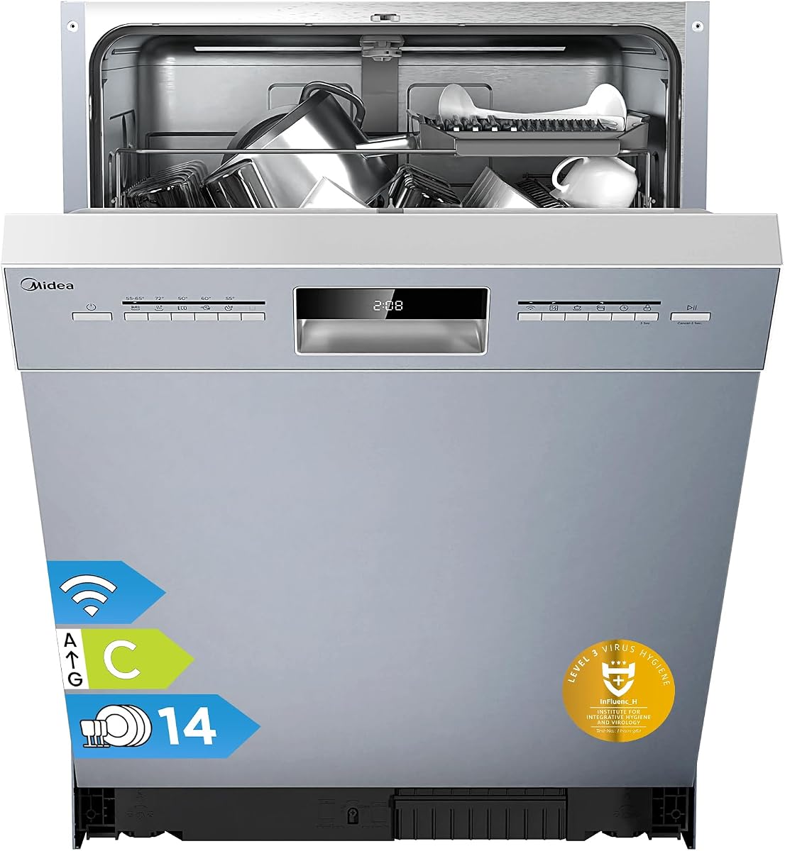 Midea SU 5.35X14CS Geschirrspüler Unterbau, 14 MGD, Spülmaschine 60 cm, Home Connect, Hygienepflege+, Maschinenpflege+, Extra Trocknung, Halbe Beladung, 44 db, Startverzögerung, Edelstahl