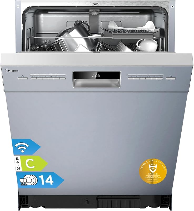 Midea SU 5.35X14CS Geschirrspüler Unterbau, 14 MGD, Spülmaschine 60 cm, Home Connect, Hygienepflege+, Maschinenpflege+, Extra Trocknung, Halbe Beladung, 44 db, Startverzögerung, Edelstahl