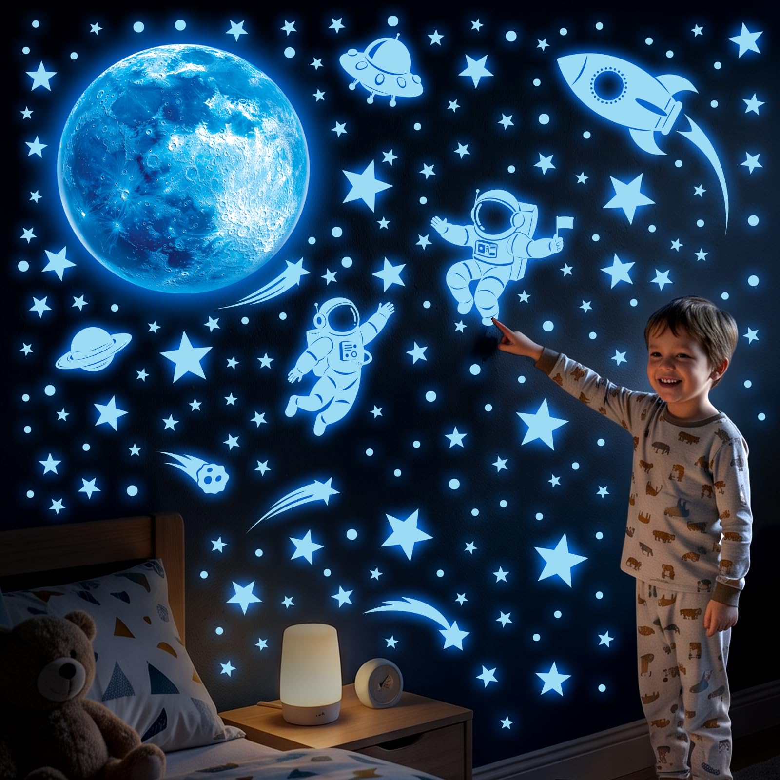 DECOWALL Glow in the Dark Space Wall Stickers Moon & Astronaut (GDS4-7005)