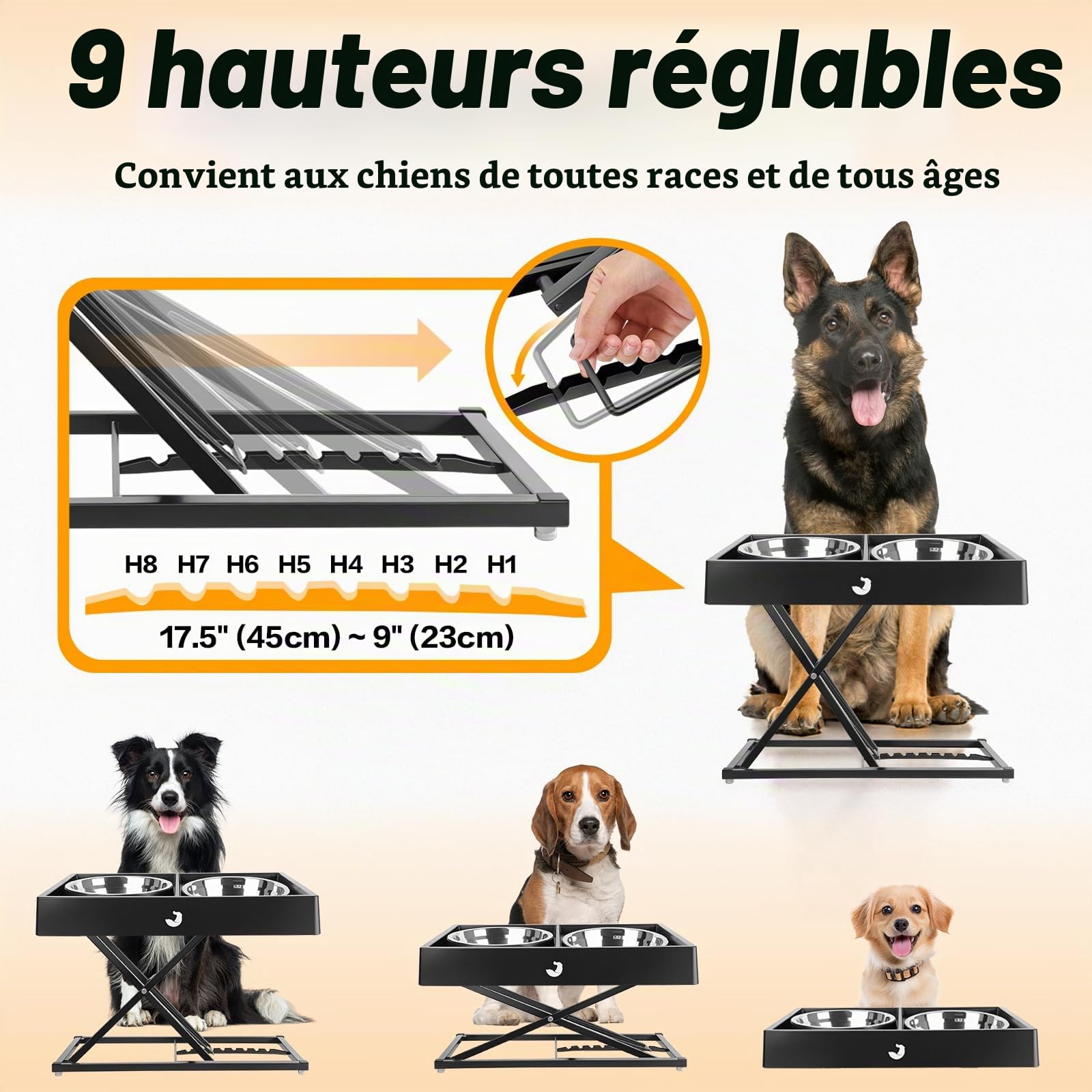 Joytale Support Métallique Réglable pour Gamelle Chien Surélevée (22-45cm) - Distributeur Lourd avec 2 Bols INOX, Station Anti-Dérapante et Anti-Renversement pour Chiens Moyens/Grands