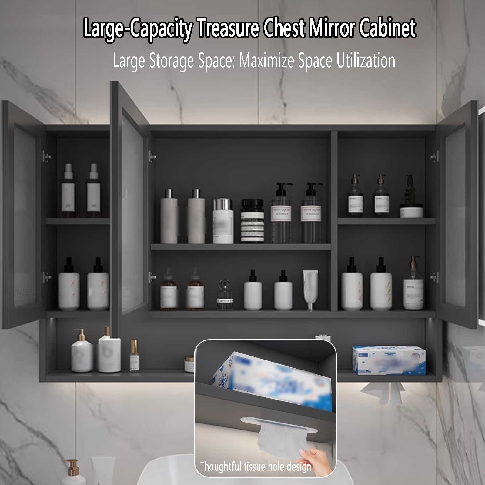 Inteligente armario espejo baño con luz y espejo,Moderna Armario con Espejo Antivaho de Maquillaje,Espejo de Maquillaje para Inodoro,Interruptor Táctil,Agujero papel(Gray,100*13*70cm/39.4*5.1*27.6in)