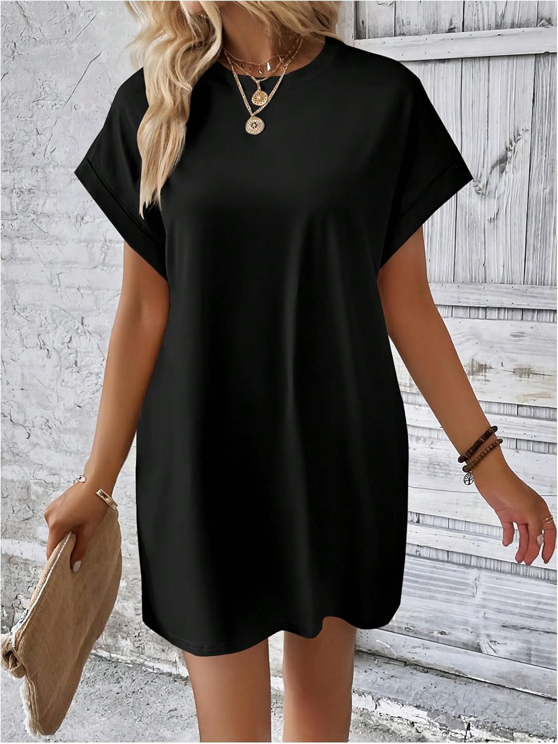 Women's Summer Short Sleeve Tshirt Dress Elegant Casual Crew Neck Loose Mini Dresses with Pockets - Image 4