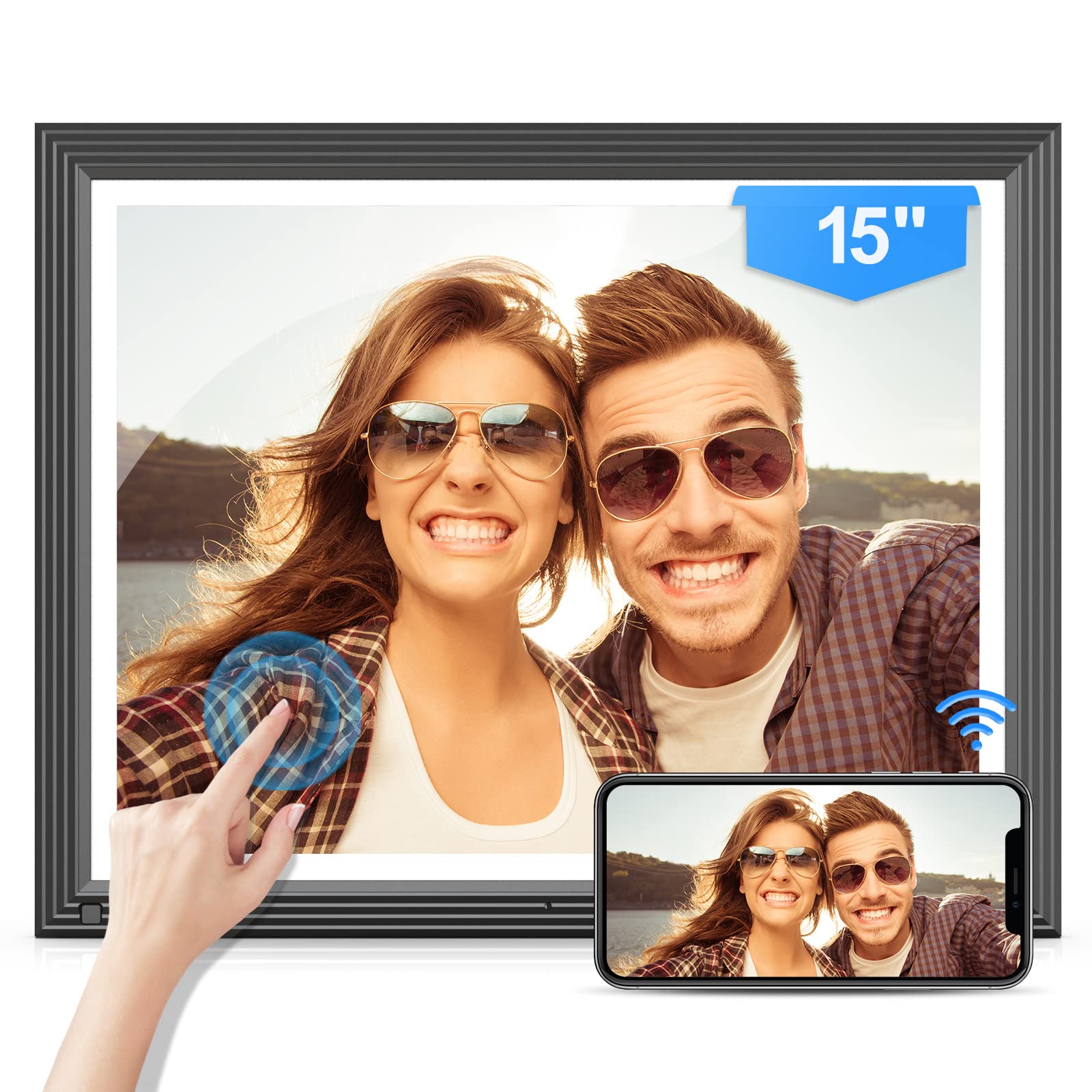15-inch WiFi Digital Picture Frame - 32GB 170°Wide Angle Touch Screen Frame, Motion Sensor, Auto Rotate, Full Function, Sharing Photos&Videos via App or Email, Unlimited Cloud Storage, Wall-Mounted