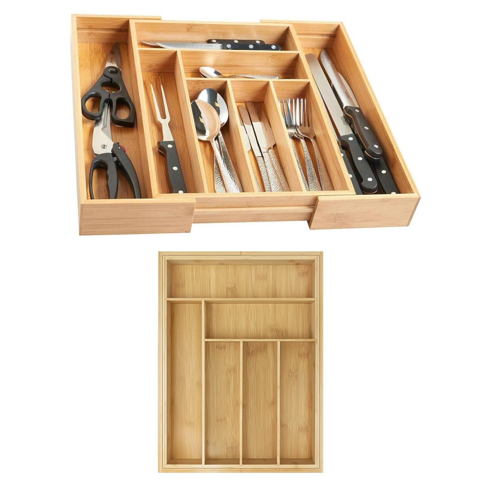 Wooden Bamboo Cutlery Drawer Organiser, 6-8 Compartments Extendable Cutlery Tray, Utensil Tray for Kitchen, Adjustable Cutlerys Divider Organiser for Silverware, Flatware, Knives, 32-52 x 43 x 5cm