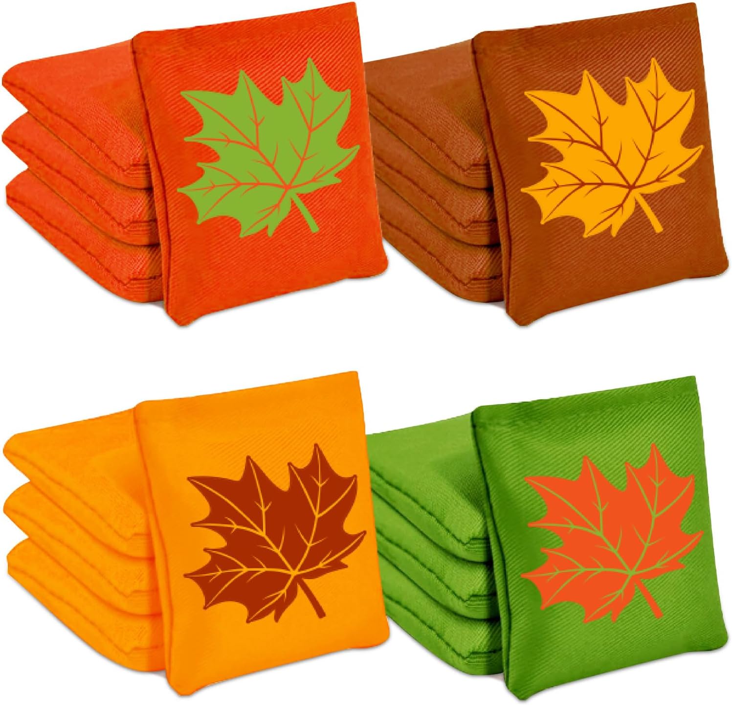 FYSUIMU 12 Pcs Fall Tossing Bean Bags Green Orange Brown Yellow Maple Leaf Pattern Cornhole Bags Outdoor Toss Game Bag for Autumn Thanksgiving Backyard Family Party Gathering Supplies