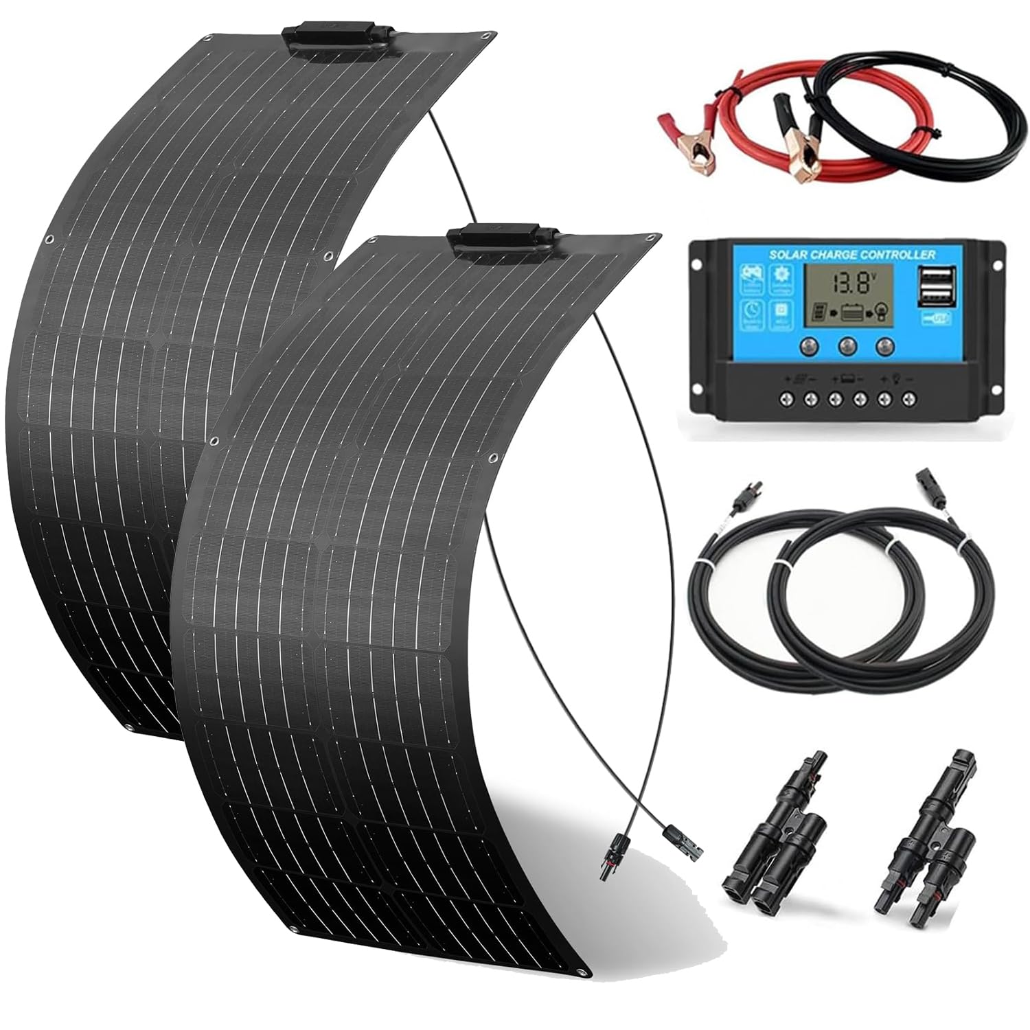 2 x 50W Flexibles Solarpanel Kit Set 12V Monokristallines 100Watt Solarmodul mit 10A 12V/24V Solarladeregler Solarkabel Solaranlage Komplettset 12v für Wohnmobil Häuser Balkon Camping