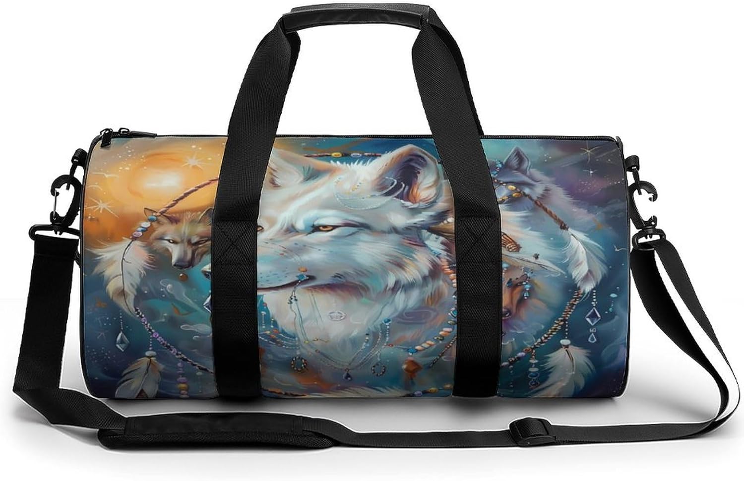 White Wolf with Dream-catcher Gym Sport Bag Travel Duffle Backpack Weekender Overnight with Shoes Compartment for Women Men