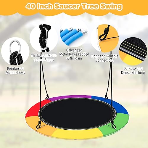 Miniatura 4 de GLACER Columpio de árbol de platillo volador de 40 pulgadas, columpio de 660 libras de capacidad para exteriores con luces LED, columpio redondo