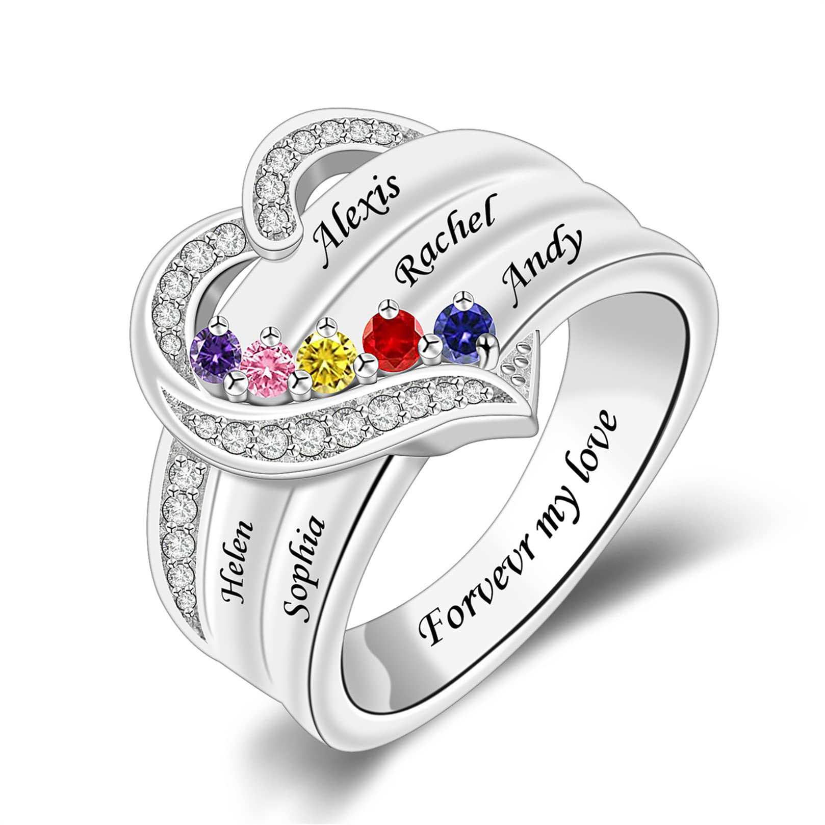 YITUB Personalized Sterling Silver Birthstone Mother Rings Engraved Family Name Ring for Mom Love Heart Mother's Day Rings for Women Grandma