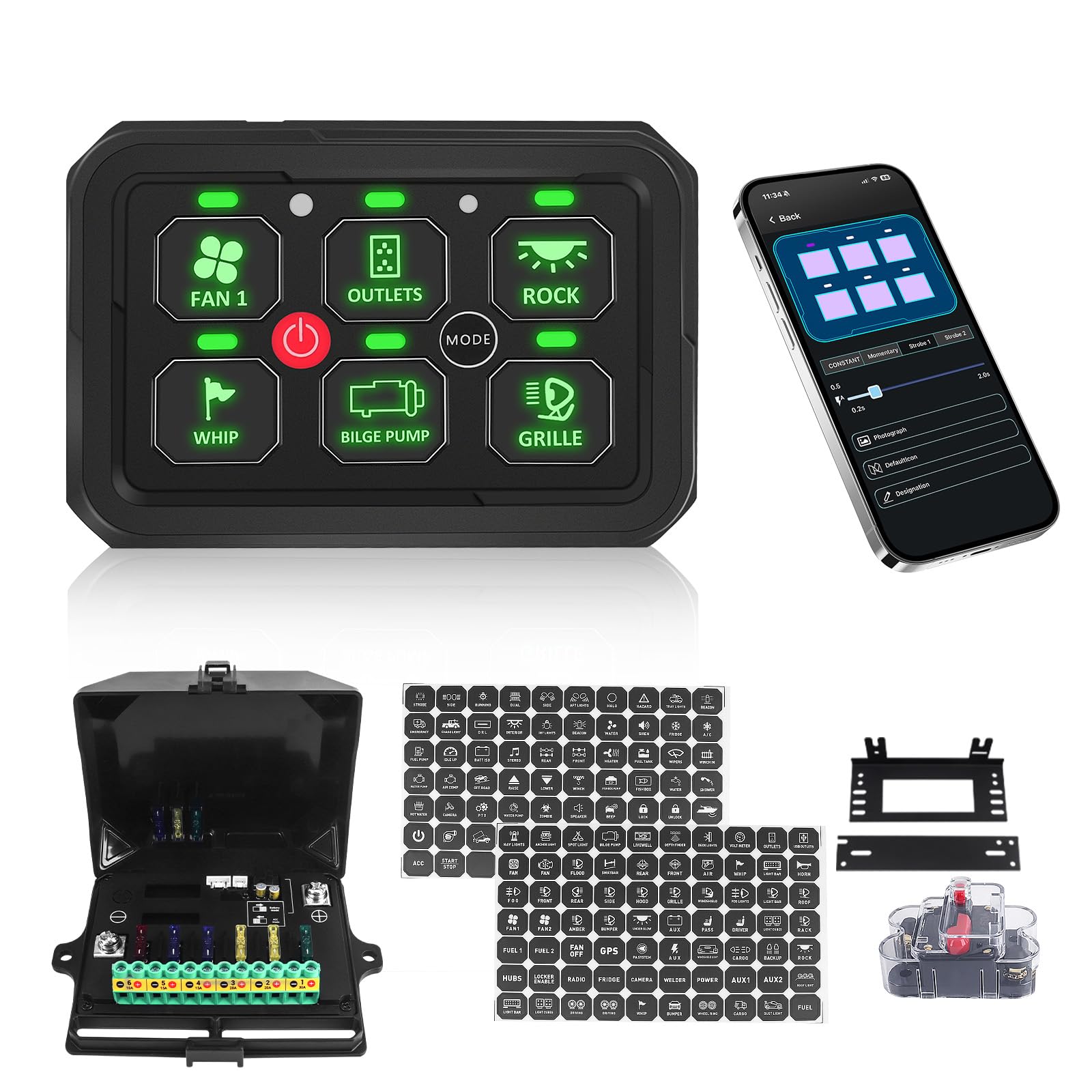 Chelhead Panel de interruptor de 6 velocidades con mando a distancia Bluetooth, multifunción, impermeable, IP65, caja de sistema de relé de circuito, luz de control, regulable automáticamente, panel