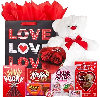 Valentines Day Gift Basket Set | Teddy Bear Plush RED OR WHITE, Elmer Heart Chocolate, Milk Chocolate Bar, Kit Kat Chocolate Bar, Glico Pocky Chocolate Sticks, Creme Savers Candy, Resees Chocolate Peanut Butter Hearts, V - Day Card, V-Day Gift Bag  Design Varies For Kids Her Him Wife Friend Girlfriend  Anyone