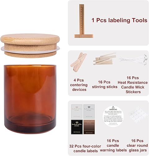 Miniatura 2 de VINJOE Paquete de 16 tarros de vela de vidrio de 8 onzas con tapas herméticas de bambú, tarros de vela vacíos para hacer velas, recipientes de velas