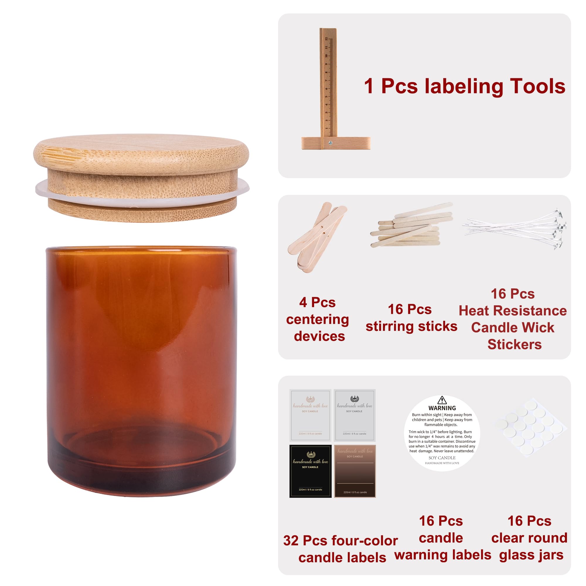 16 Pack 8oz Glass Candle Jars with Airtight Bamboo Lids, Empty Candle Jars for Making Candles, Premium Candle Containers, Round Candle Vessels Kit for DIY Candle Making with Labeling Tool(Amber)