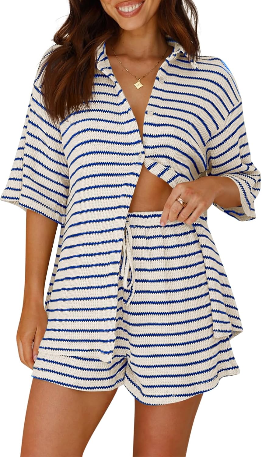 Tankaneo Womens Striped 2 Piece Sets Short Sleeve Button Down Shirt and Shorts Waffle Knit Pajama Lounge Set Summer Outfits
