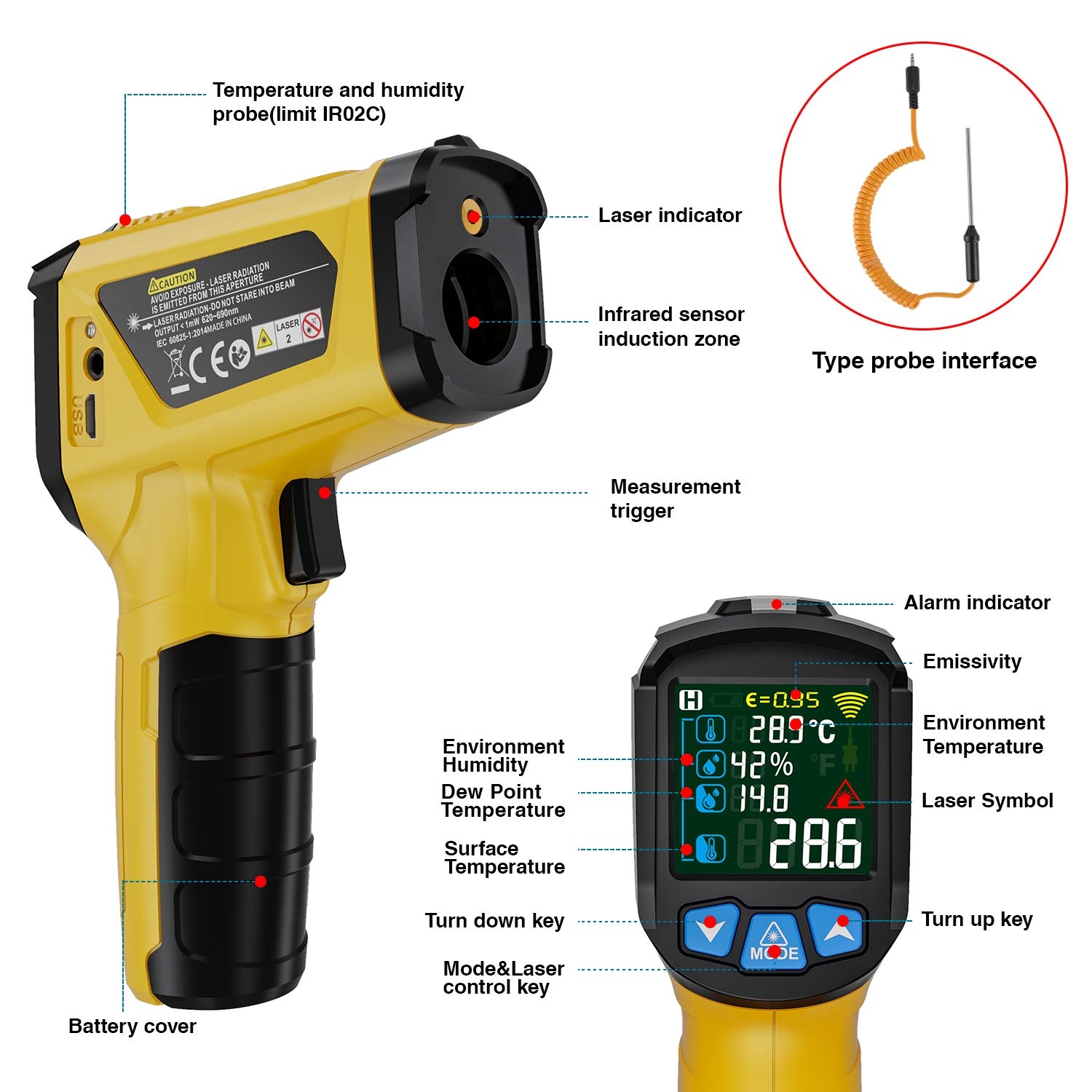 Thermomètre Infrarouge Laser MESTEK et Sonde Pistolet IR Temperature Sans Contact LCD -50°C~800°C Réglable Alarme d'émissivité Point de Rosée Cuisine Barbecue Congélateur Aliments Réfrigérateur
