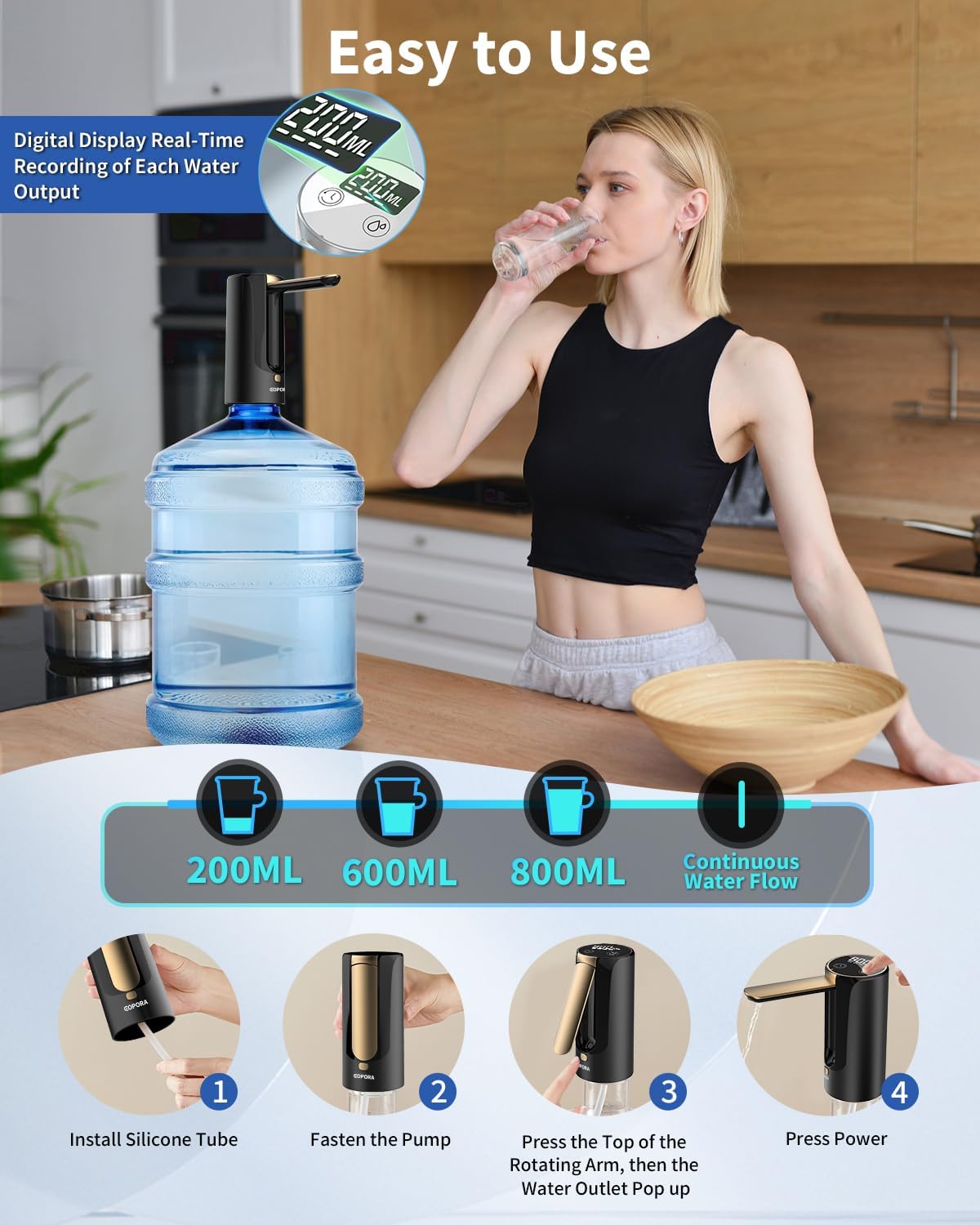 Eopora Automatic Water Dispenser Pump for 20 Litre Bottle, 1200Mah Battery USB Rechargeable Electric Foldable Water Can Dispenser for Home Office, Black