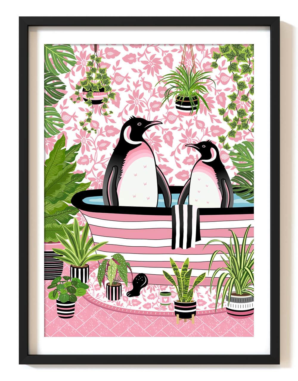 Parmaro Penguins Bathroom Print, Penguins Toilet Print, A4 UNFRAMED Print, Animal Bathroom Print, Pink Botanical Print Tropical Bathroom Decor