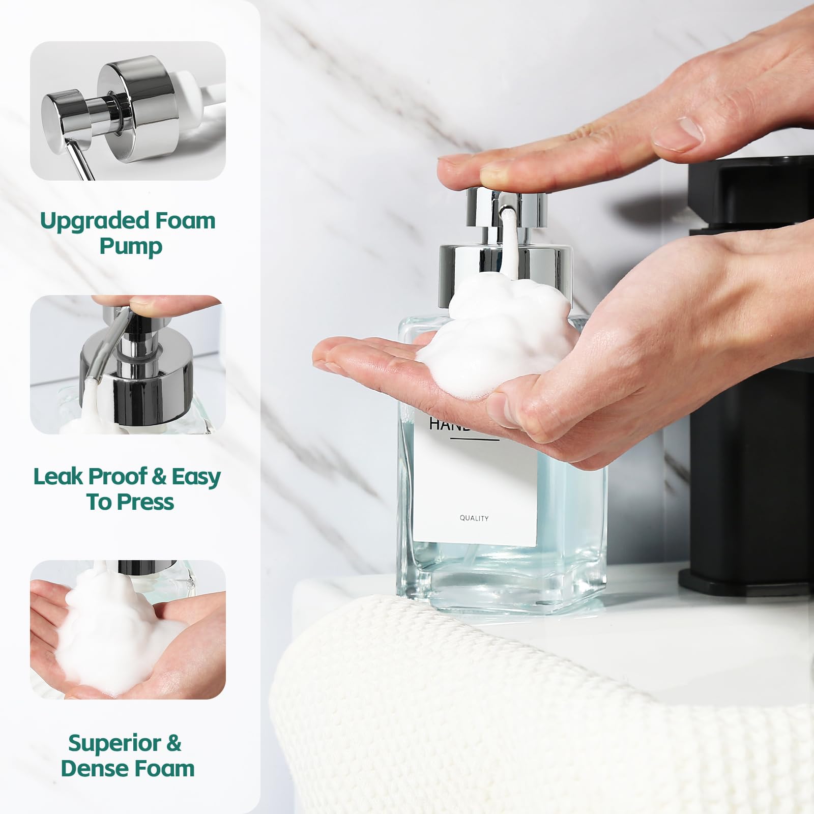 Schaumseifenspender, 350 ml Glas-Handseifenspender-Set, nachfüllbarer Schaumspender mit Schaumpumpe, Etiketten, quadratischer Handspender für Badezimmer, Küche, 2 Stück