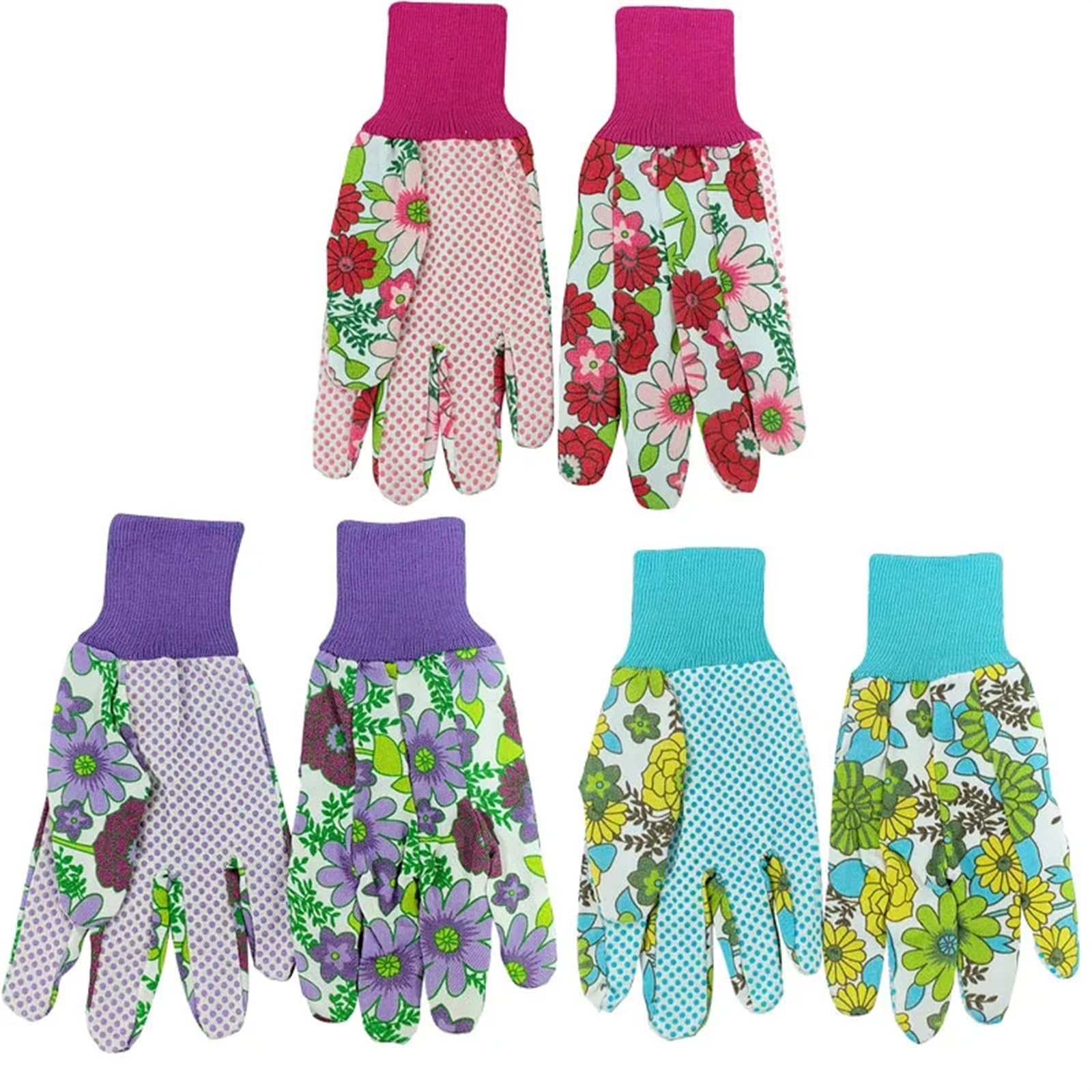 Gartenhandschuhe 3 Paar Gartenhandschuhe for Damen, weiche Baumwolle, rutschfeste Arbeitshandschuhe mit Blumenmuster, kurze elastische Sonnenschutz-Gartenhandschuhe