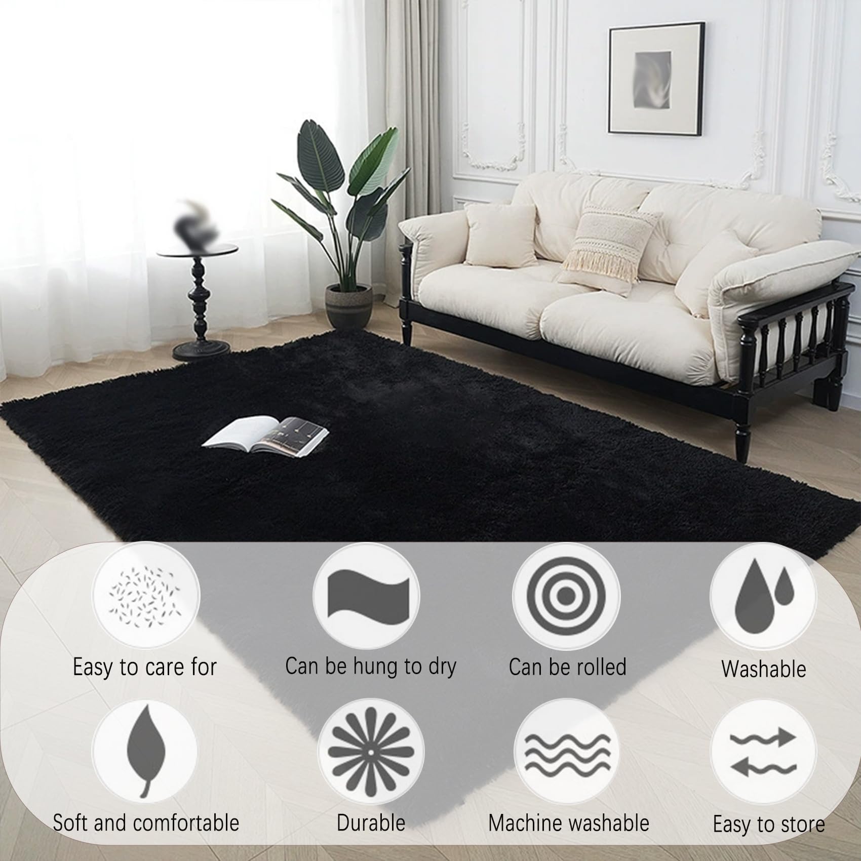 Schlafzimmer Teppich 160 x 180 cm, Waschbar, Flauschige Oberfläche, Robust, Spitzenqualität, Pflegeleicht, in Vielen Farben & Größen, Teppich Wohnzimmer Langlebig, Schwarz