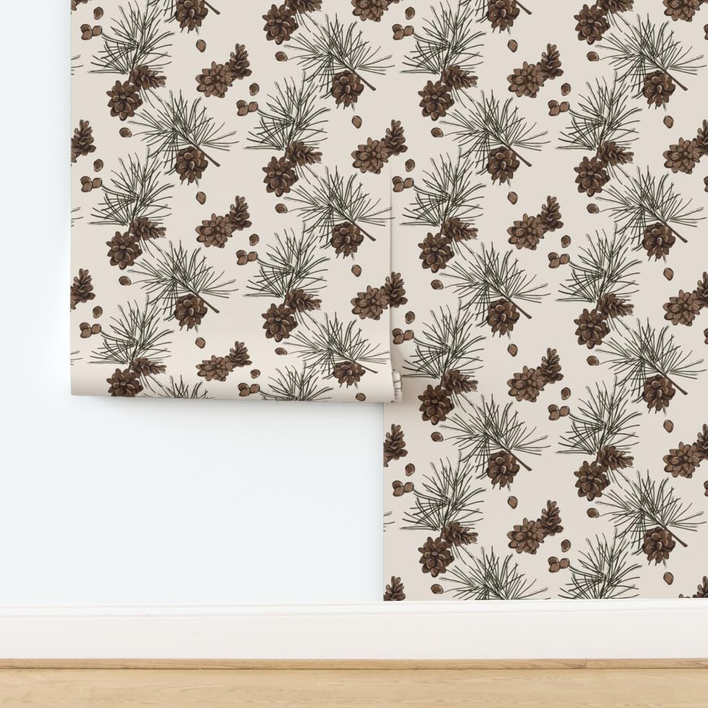 Peel & Stick Wallpaper 3ft x 2ft - Pine Cone Fir Branch Woods Botanical Needles Watercolor Flowers Xmas Custom Removable Wallpaper by Spoonflower