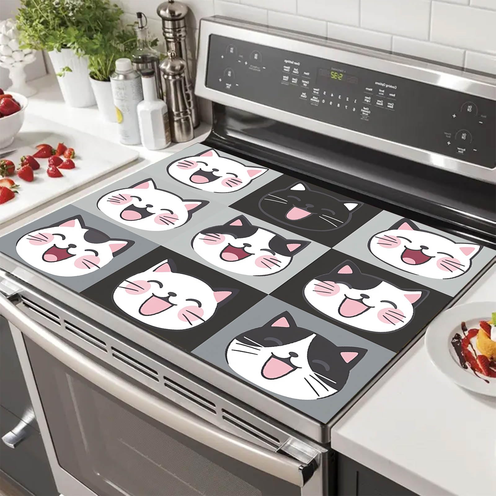 HOMETITTUTE Stove Top Covers for Electric 28x20 Inches Cute Cat Faces Gray White Black Pattern Heat Resistant Cooktop Cover Dish Drying Mats for Kitchen Decorations Coffee Bar Mats Stovetop Protector