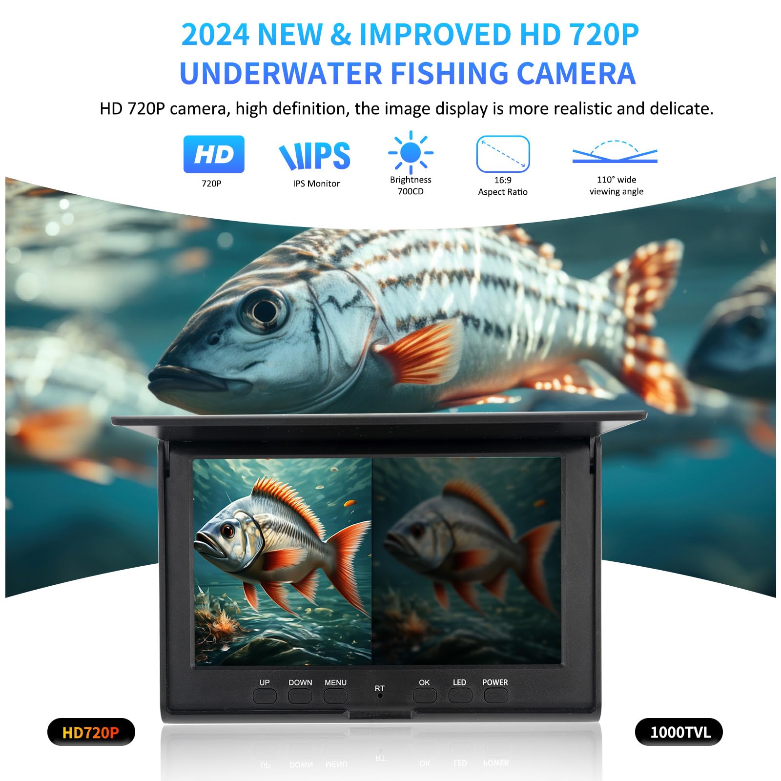 Cámara Submarina para Pesca 7 Pulgadas 720P HD, 4 Luces IR Nocturnas, 110° Vista Gran Angular, Monitor a Color IP68, Cable de 20m, Ideal para Pesca en Hielo/Nocturna, Incluye Tarjeta 32GB