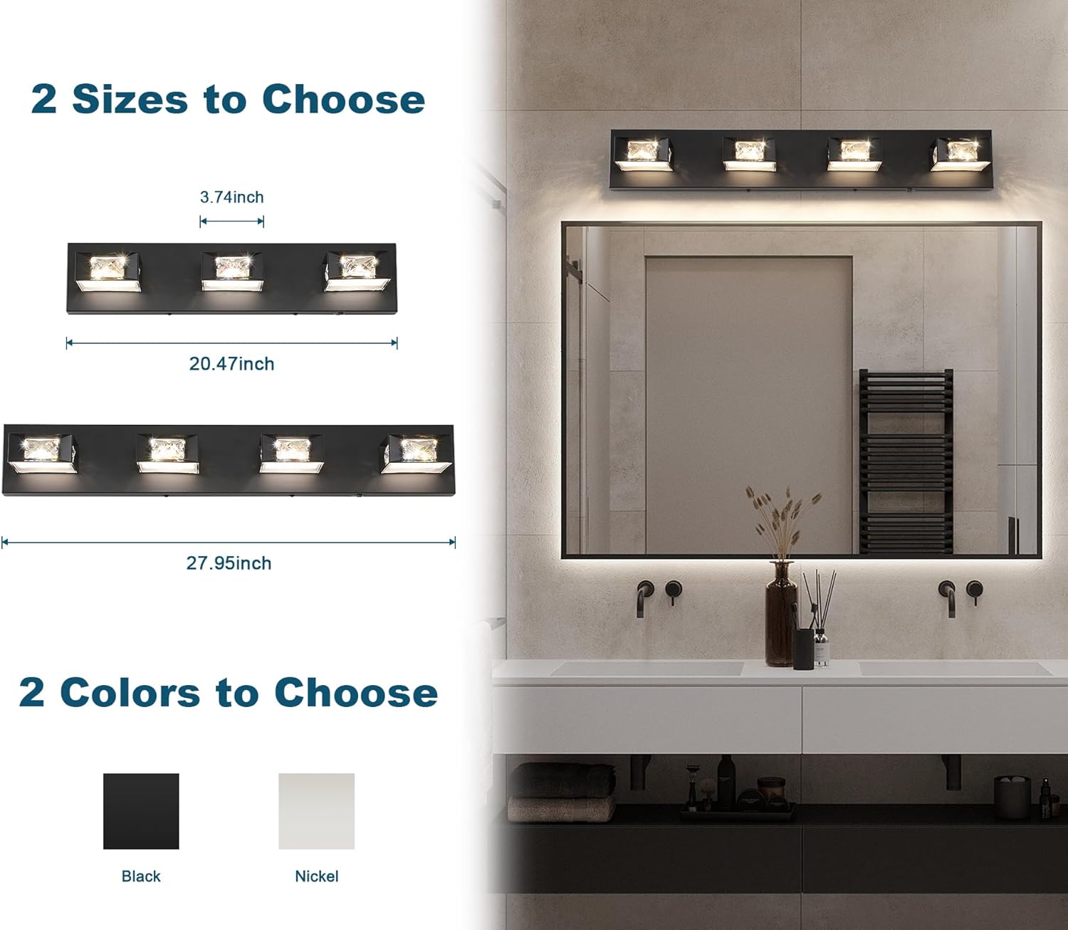 Joossnwell Black Vanity Light for Bathroom (4-Light, 28-Inch) Crystal Bath Light Fixtures 5CCT Dimmable Modern Led Bathroom Light Over Mirror with 350°Rotatable Head