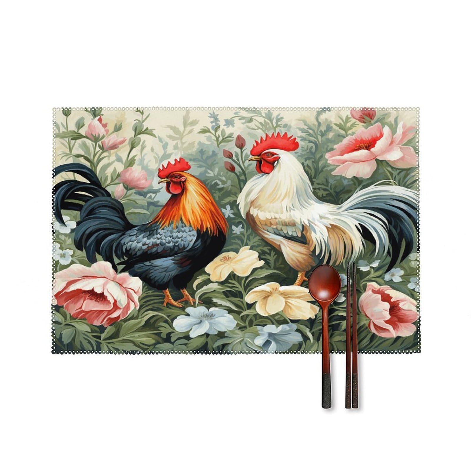 Rooster Placemats Set of 6 Non-Slip Heat Resistant Table Mats Canvas Washable Cloth Place Mats Easy to Clean Premium Placemat for Kitchen Dining Table Decoration