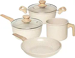 OSTER JOGO DE PANELAS E LEITEIRA MARBLE EDITION CREAM – 4 PEÇAS COM REVESTIMENTO CERÂMICO ANTIADERENTE, ALÇAS EM SILICONE ANTITÉRMICO E BASE COMPATÍVEL COM INDUÇÃO