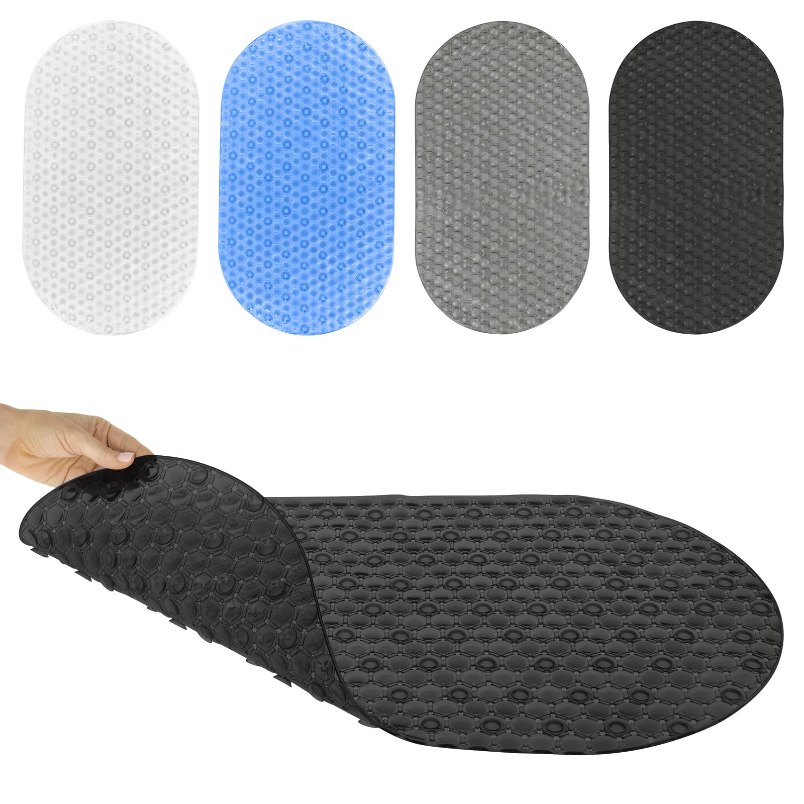 Vive Oval Bathtub Mat - Nonslip Shower Floor Pad - Non-Slip and Non-Skid for Bath Tub with Strong Rubber Suction Cup Grip - for Baby, Elderly, Kids, Bathroom (Black)
