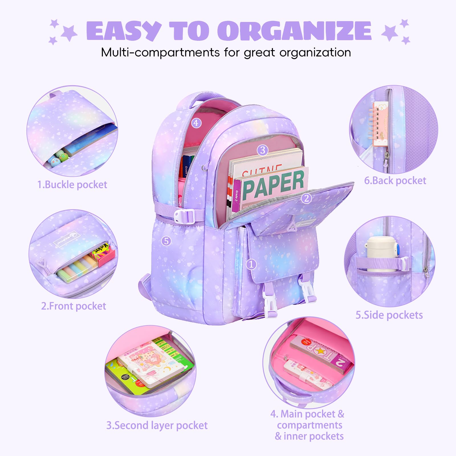 Amythe Mochila Escolar Niña Primaria 3 Piezas, Mochila para Niñas y Bolsa de Almuerzo 7 a 12 Años, Mochilas Escolares Chica Impermeable e Ligera, Morado